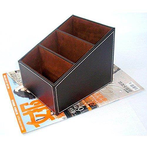 Yaekoo 3 Slots Wooden Struction Leather Multi-function Desk Stationery Organizer Storage Box Pen/Pencil ,Cell phone, Business Name Cards Remote Control Holder Colors (Brown)