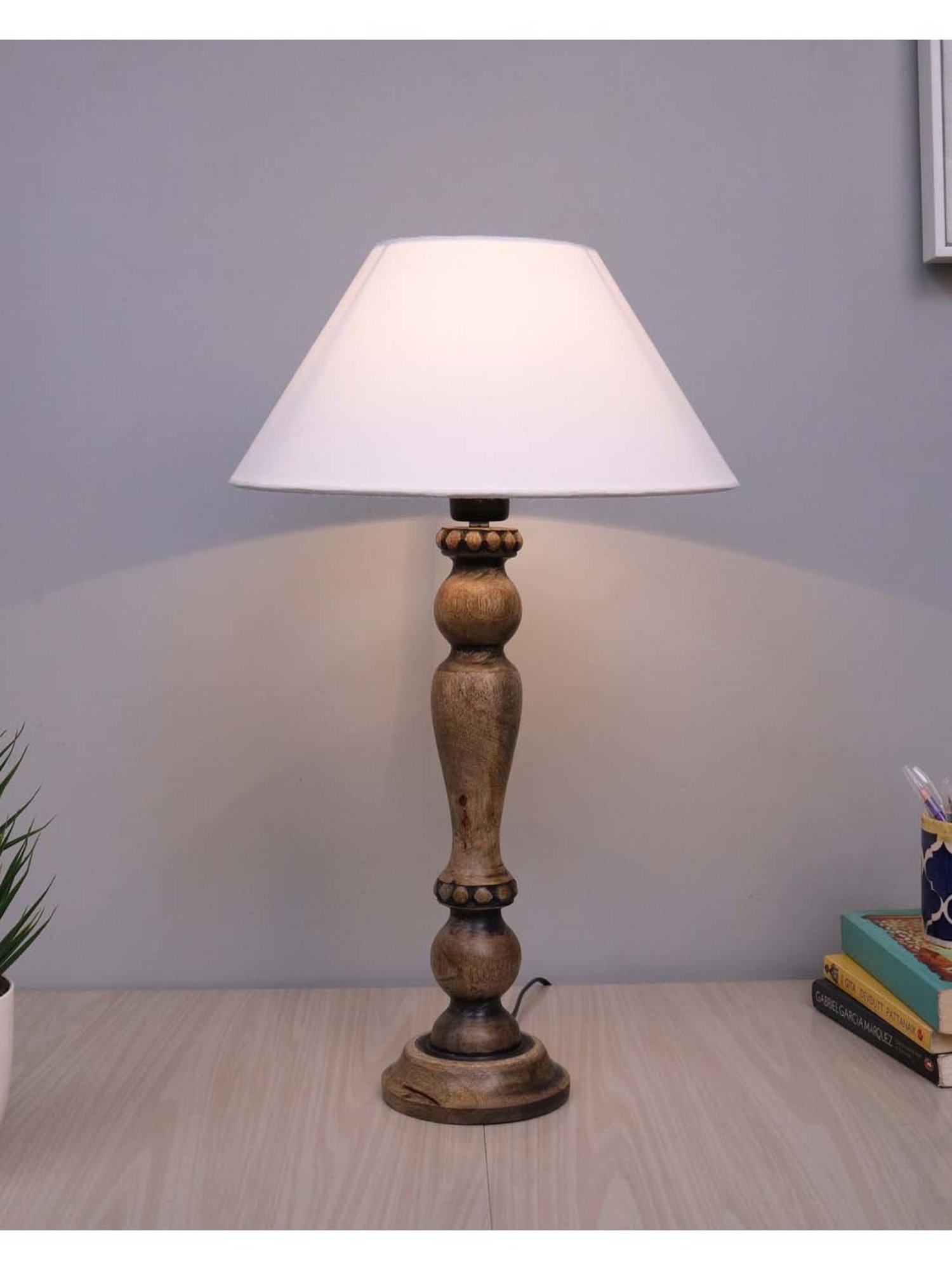 Homesake Eureka White & Brown Wooden Table Lamp with Bulb - Set of 1