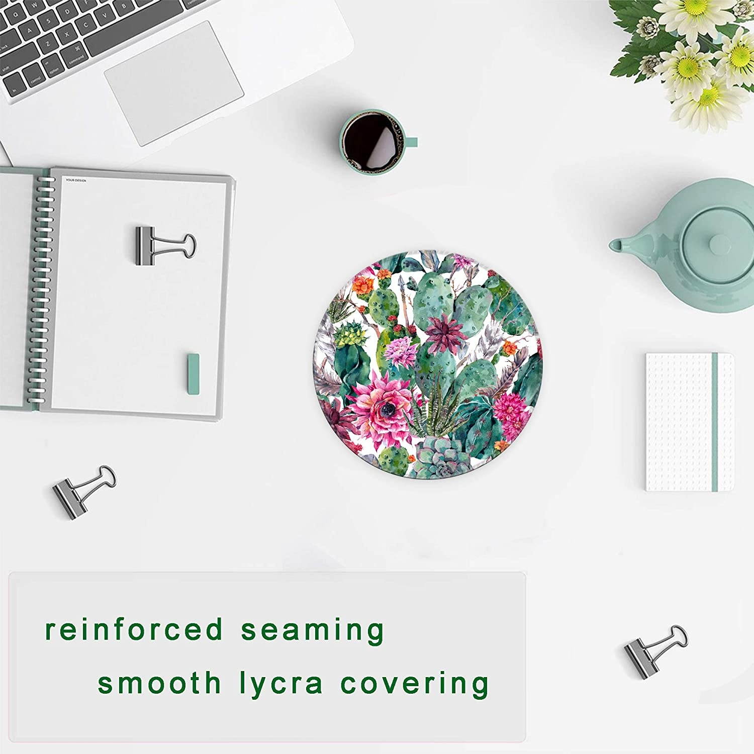 Dooke Mouse Pad with Stitched Edge, Premium-Textured Mouse Mat with Waterproof Non-Slip Rubber Base, Cute Round Mousepad for Laptop Computer Office Desk Accessories, 7.9 x 7.9 inch, Cactus and Flowers