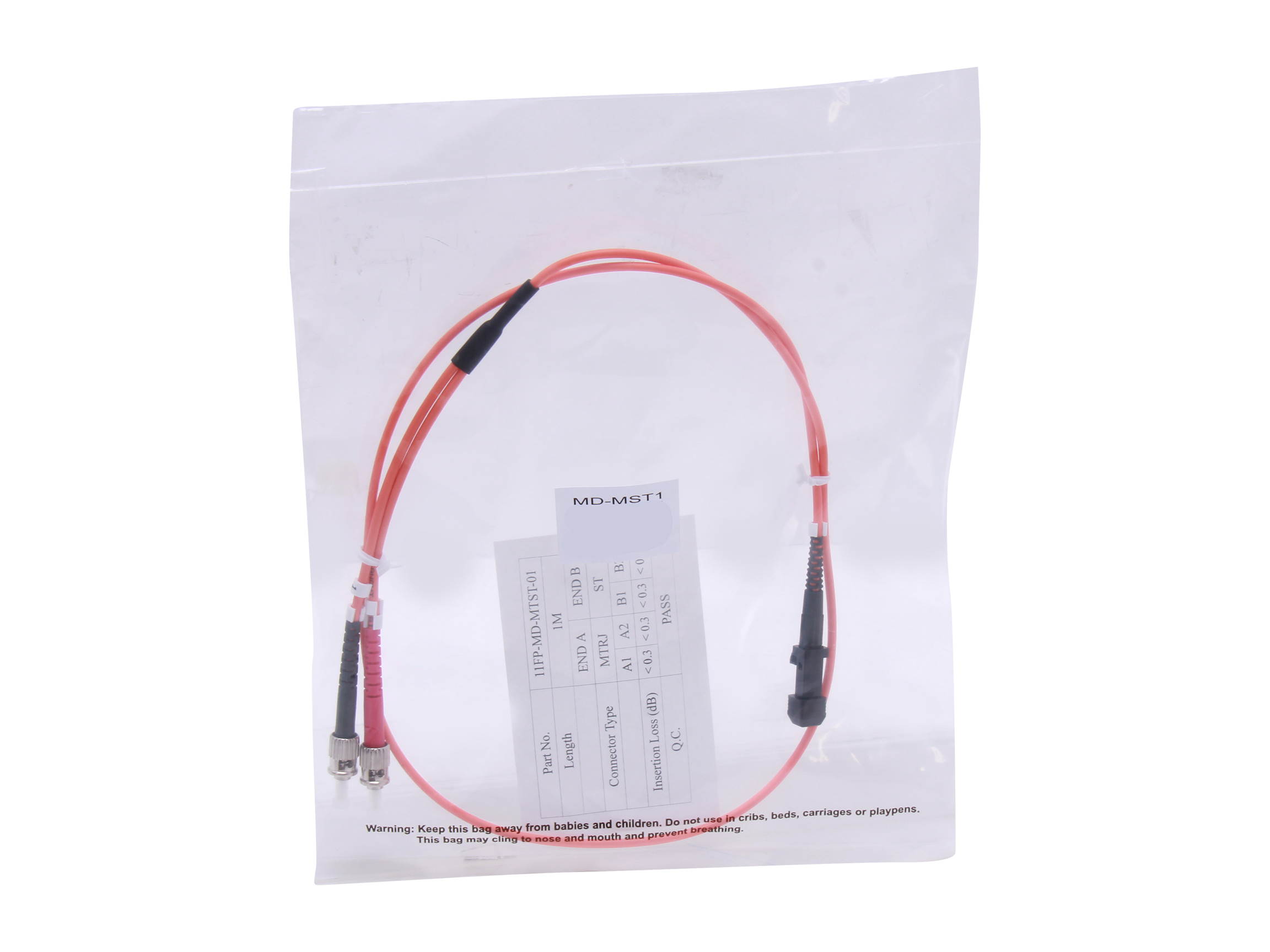 BYTECC MD-MST1 1m MTRJ to ST Duplex (2 Strand) Cable, Multi Mode 62.5/125 Standard Zipcore