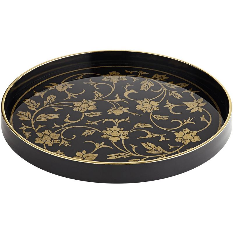 Dahlia Studios Floral Painted Black and Gold Round Decorative Tray