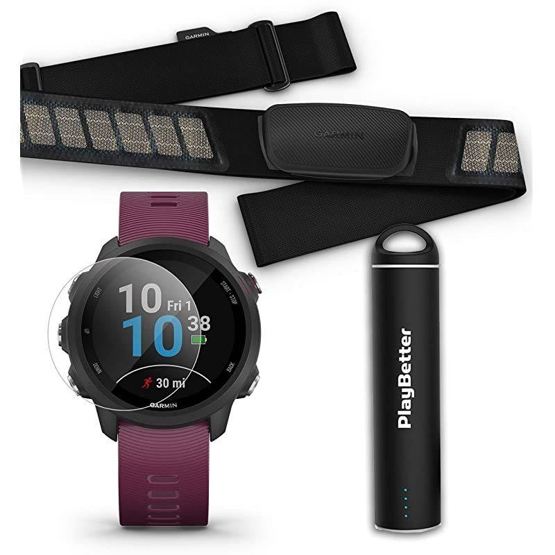 Garmin Forerunner 245 (Berry) Power Bundle | +HD Screen Protectors &  Portable Charger | Advanced Analytics, Heart Rate | Running GPS Watch | 010-02120-01