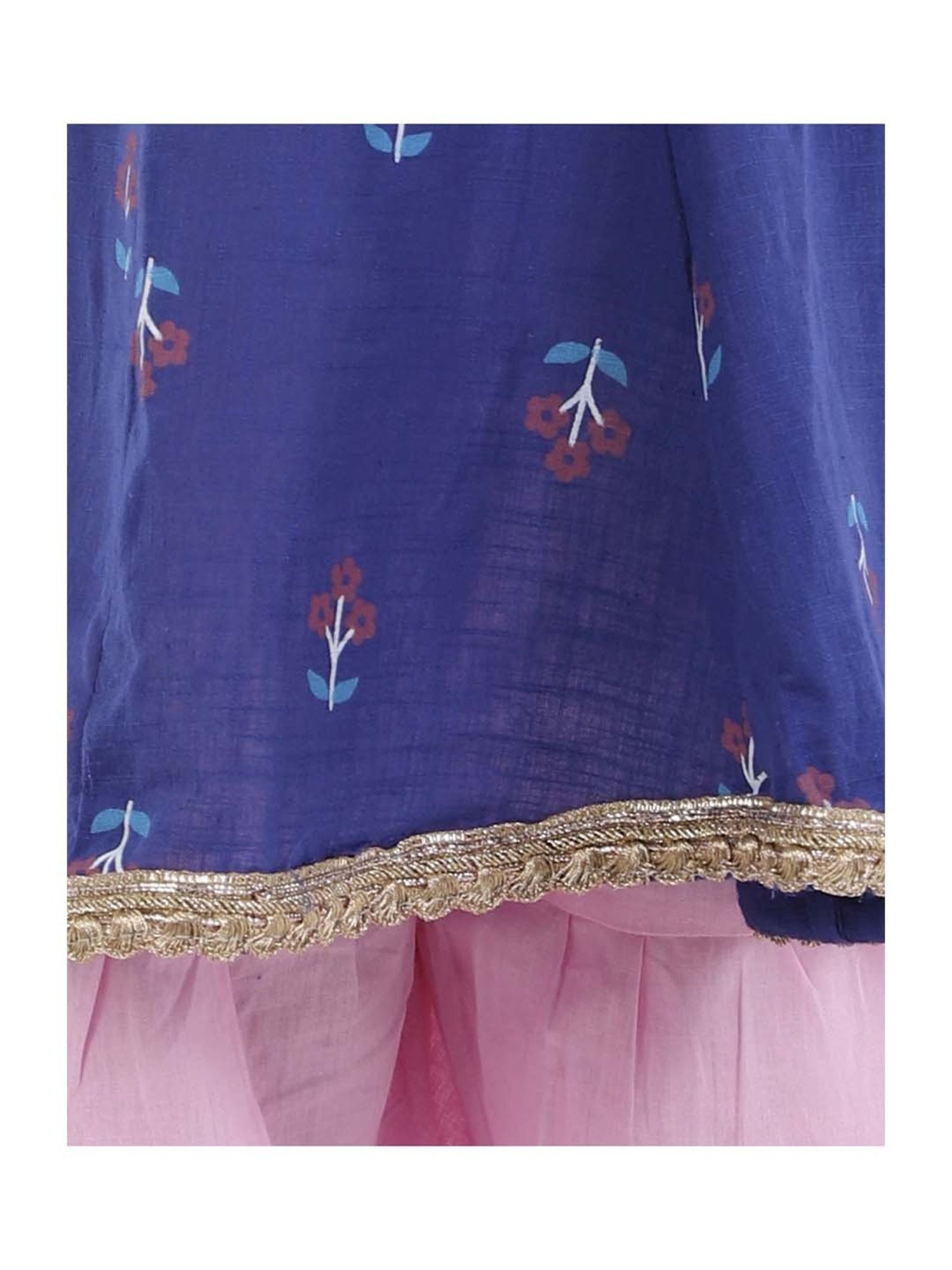 Ahhaaaa Kids Blue & Pink Cotton Floral Print Anarkali Set