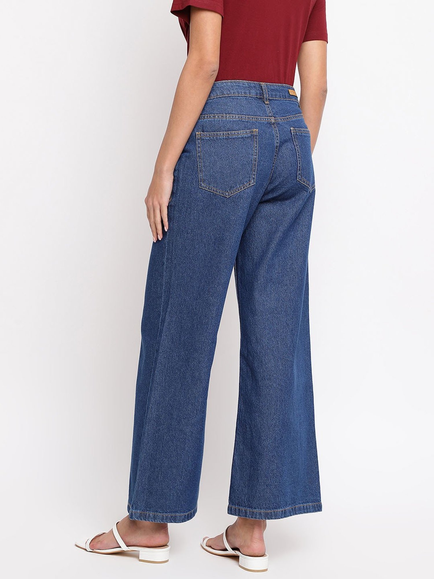 Tales & Stories Dark Blue Cotton Mid Rise Wide Leg Jeans