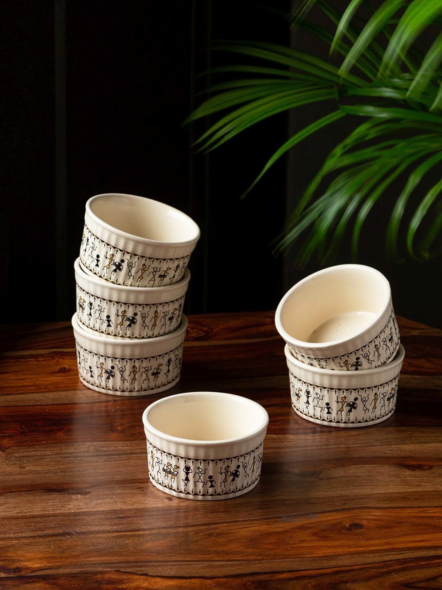 ExclusiveLane Beige & Black Ceramic Dinner Bowl - Set of 6