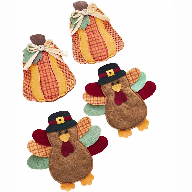 Lakeside Autumn Harvest Flatware Holders with Decorative Pumpkins and Turkeys - Set of 4