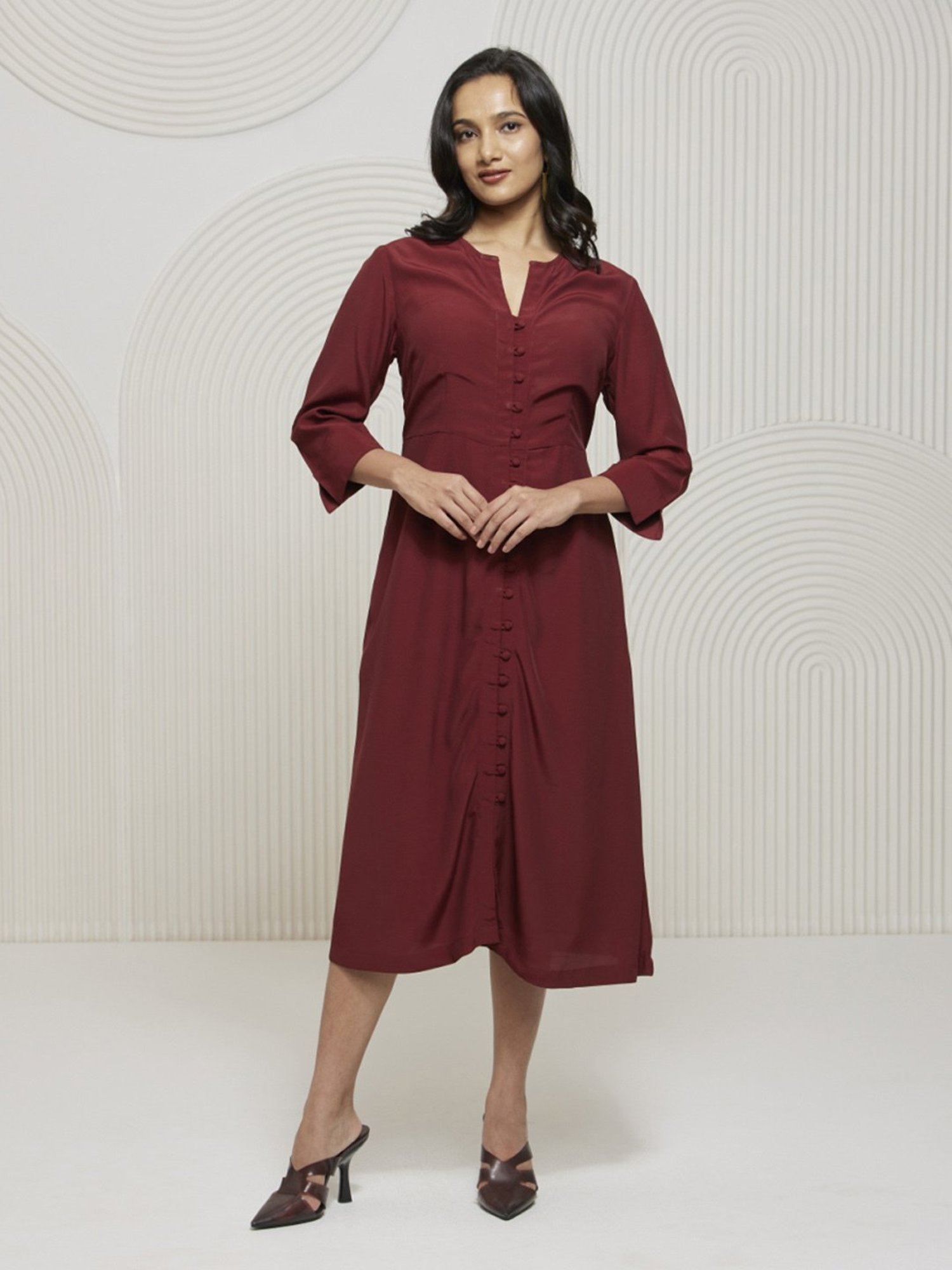 Artagai Tawny Port Elevated Basics Fit and Flare with Front Buttons Dress