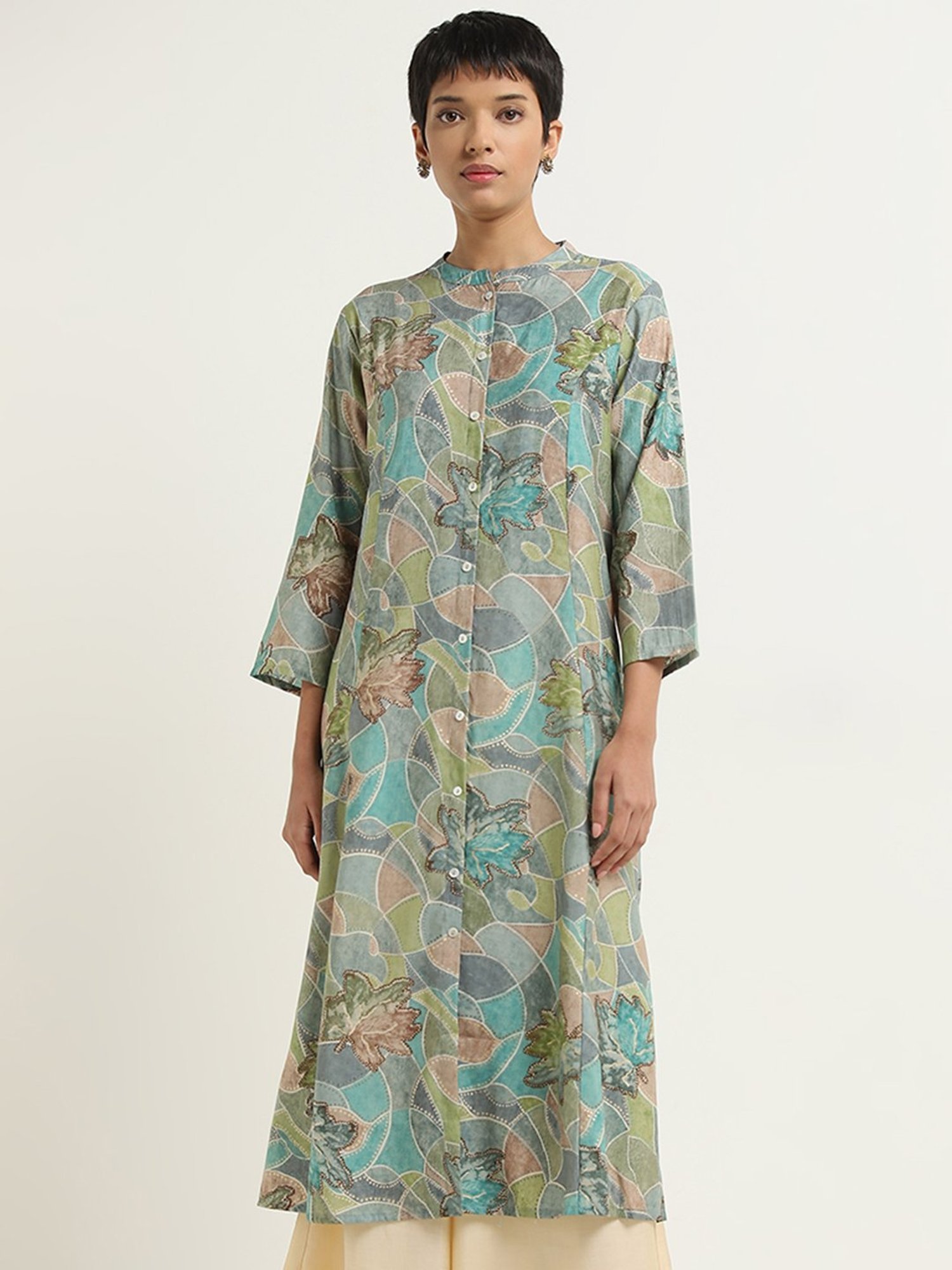 Utsa by Westside Turquoise Geometrical Design A-Line Kurta