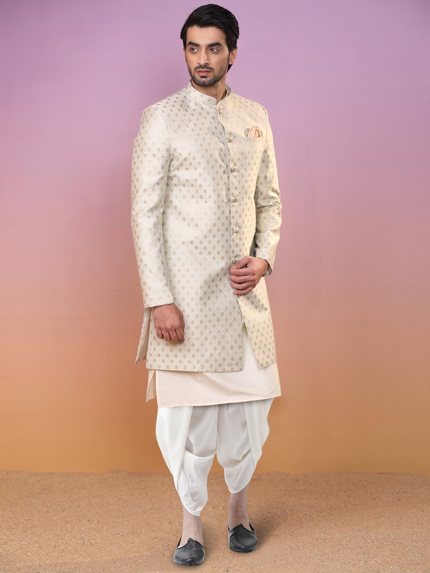 Kisah Beige & White Regular Fit Jacquard Sherwani Set