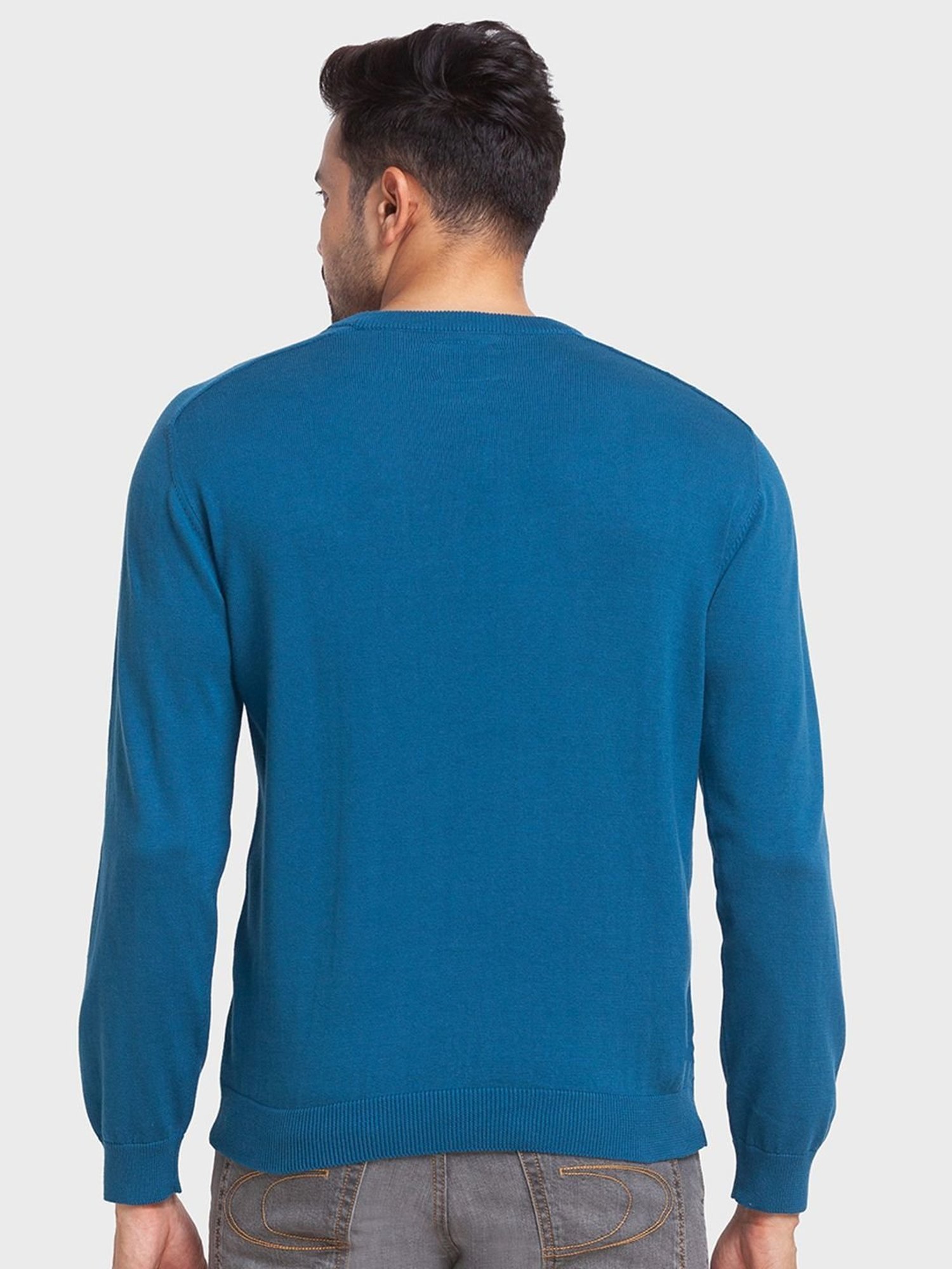 ColorPlus Blue Cotton Tailored Fit Self Pattern Sweaters