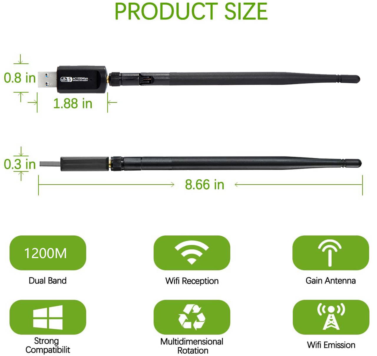 USB WiFi Adapter for PC,Ultra Fast AC1200Mbps WiFi Dongle,High Gain WiFi USB,Dual Band WiFi Adapter for Desktop PC, 802.11ac USB Computer Network Adapter Support for WIN7 8 10 XP Vista MAC