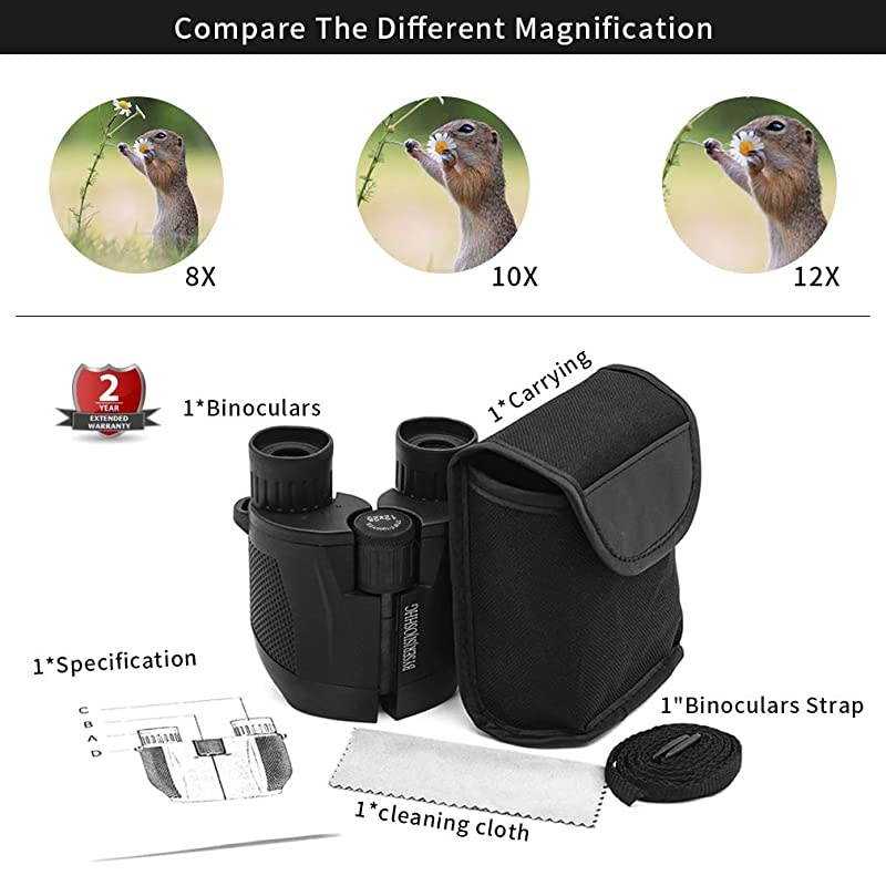 12x25 Compact Binoculars with Night Vision, High Powered Binoculars for Travel, Hunting, Bird Watching, Theater