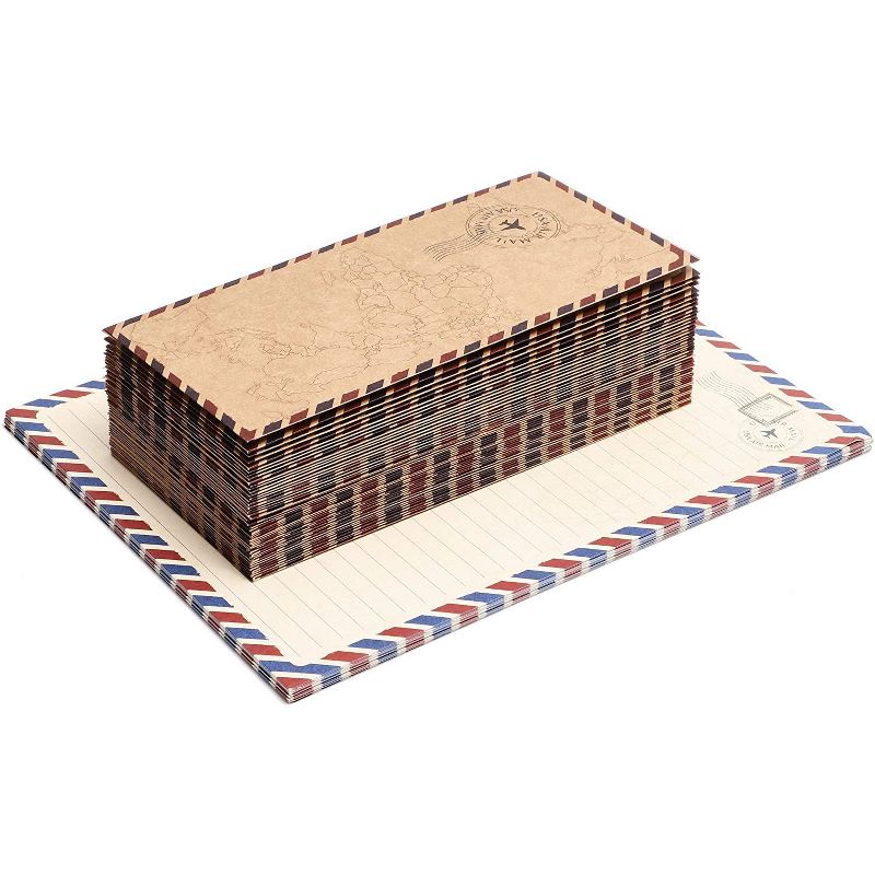 Pipilo Press 48-Pack Vintage Stationery Paper & Envelopes Letter Set, Lined Classic Airmail Travel Theme, 6.9 x 9.25"