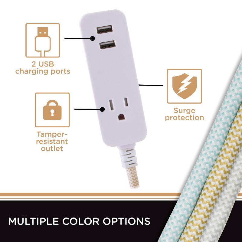 Cordinate Designer 1-Outlet 2 USB Port Surge Protector with 10' Extension Cord Tan/White