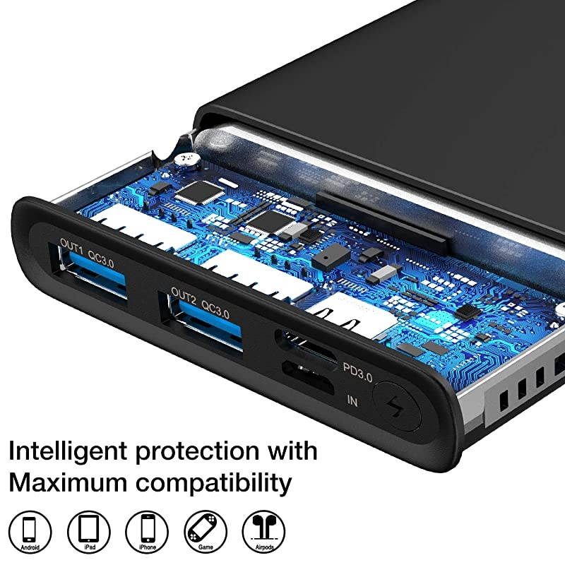 WB1 PD + QC 30 Portable Charger 10000mAh Slim and Light Fast Power Bank 18W High Charging Speed External Battery Pack with USB C InputOutput Compatiable for iPhoneiPadSamsung Black