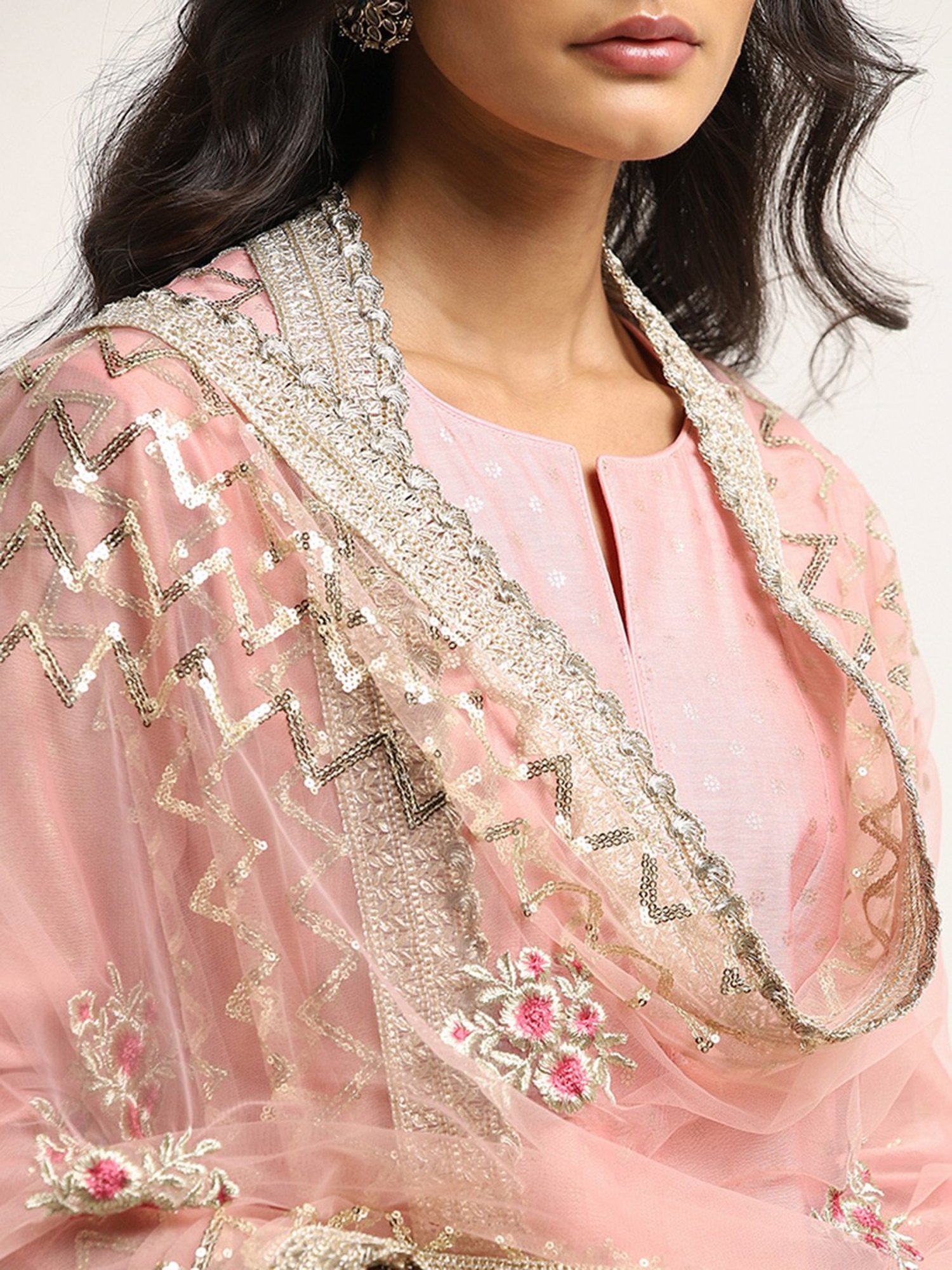 Vark by Westside Pink Printed A-Line Kurti, Palazzos and Dupatta Set