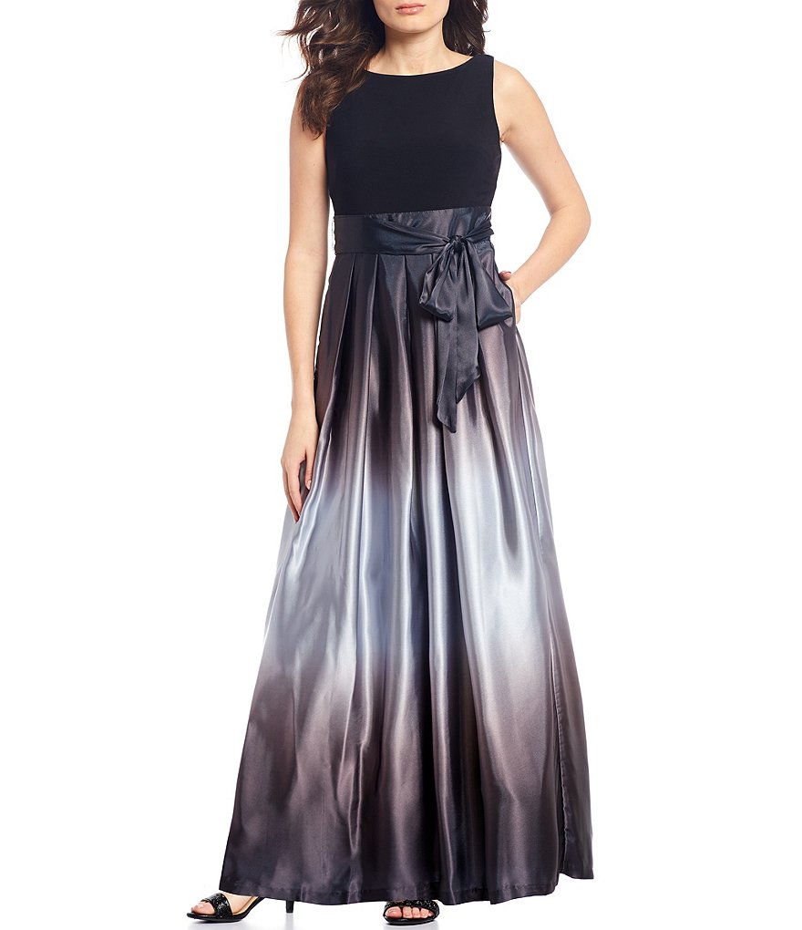 Ignite Evenings Petite Size Boat Neck Ombre Satin Bow Sleeveless Gown