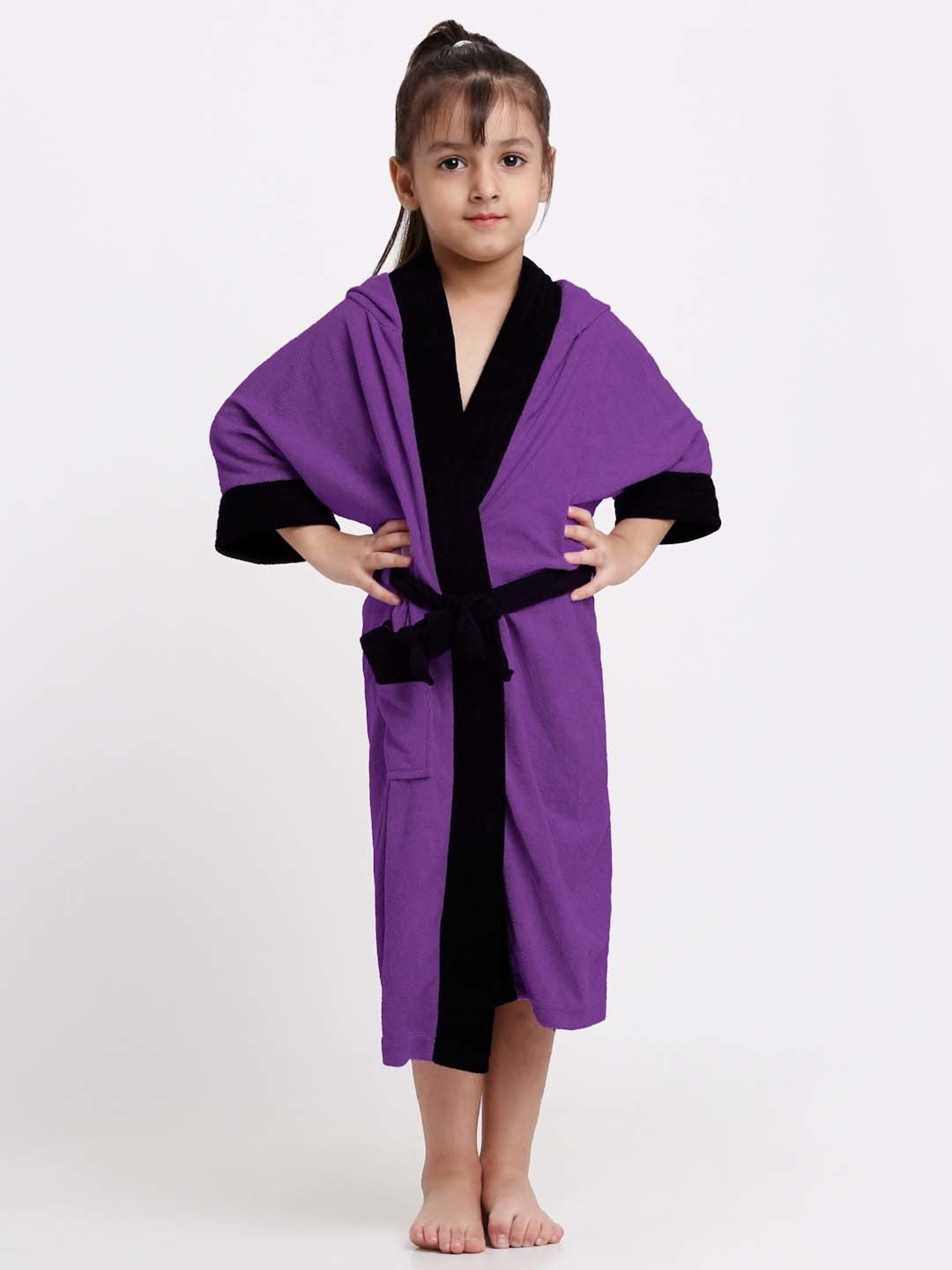 Creeva Melodious Indigo & Black Micro Terry 225 GSM Kids Hooded Bathrobe 6-7 Years With Pocket