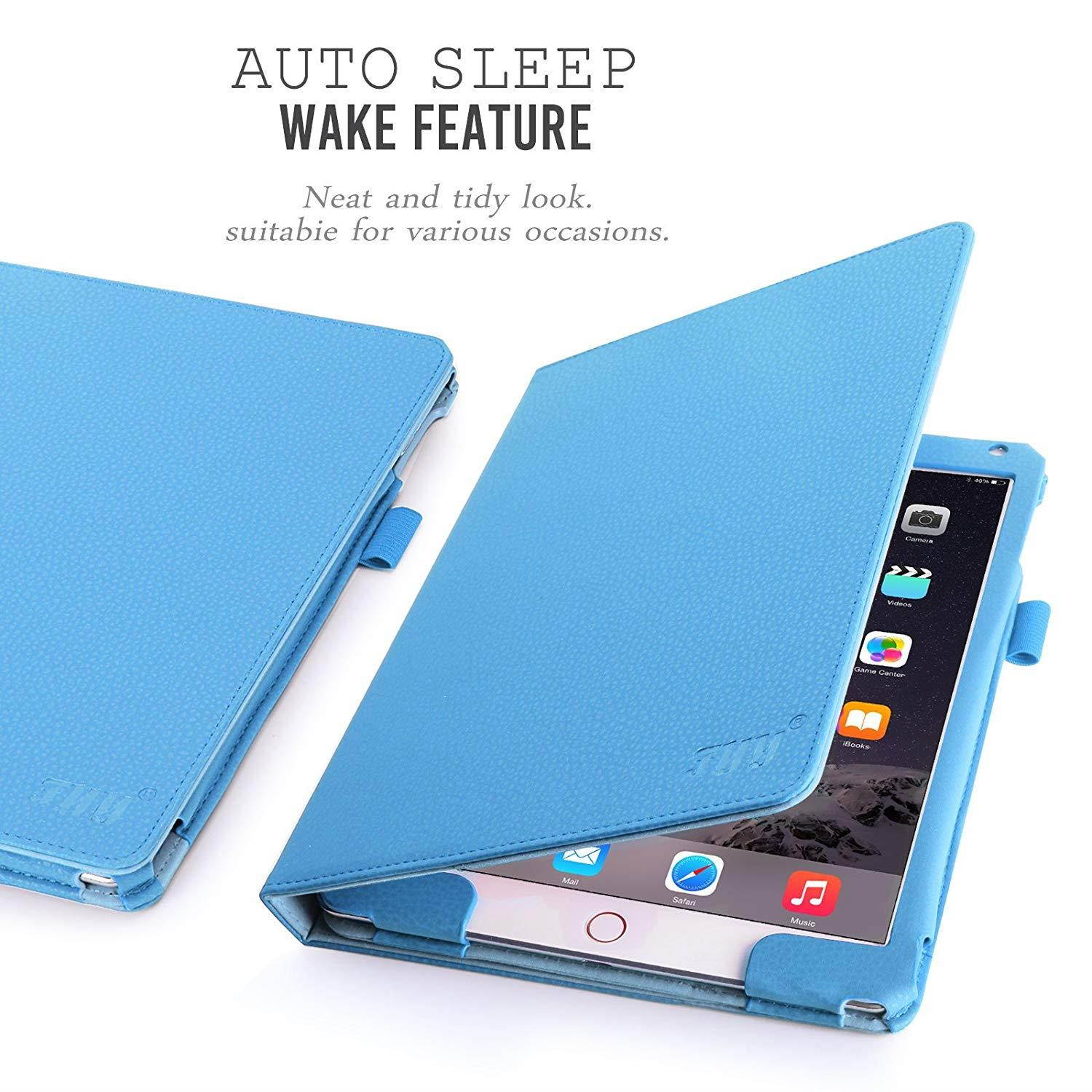 FYY Case for iPad Air 2 - Premium PU Leather Case Smart Auto Wake/Sleep Cover with Hand Strap, Card Slots, Pocket for iPad Air 2 Cyan