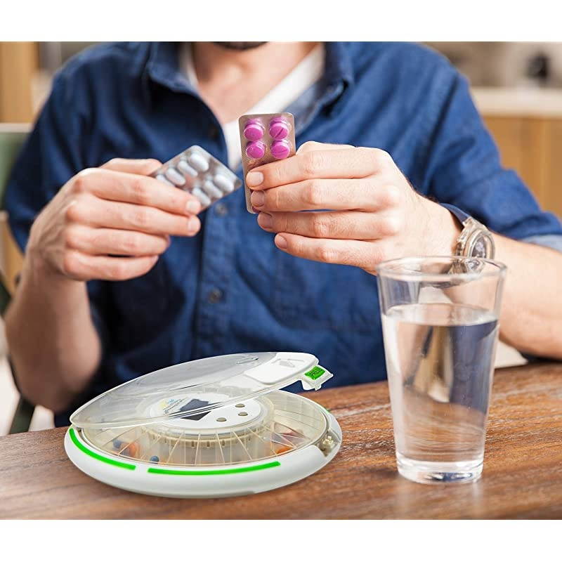 Automatic Pill Dispenser with 28-Day Electronic Medication Organizer, 6 Dosage Templates, Easy-Read LCD Display, Sound & Light Alerts & Key for Prescriptions, Vitamins, Supplements & More