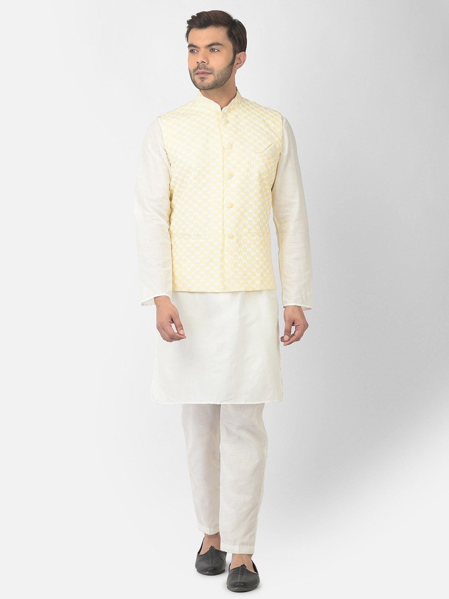 Deyann Yellow & White Regular Fit Embroidered Kurta Set With Jacket