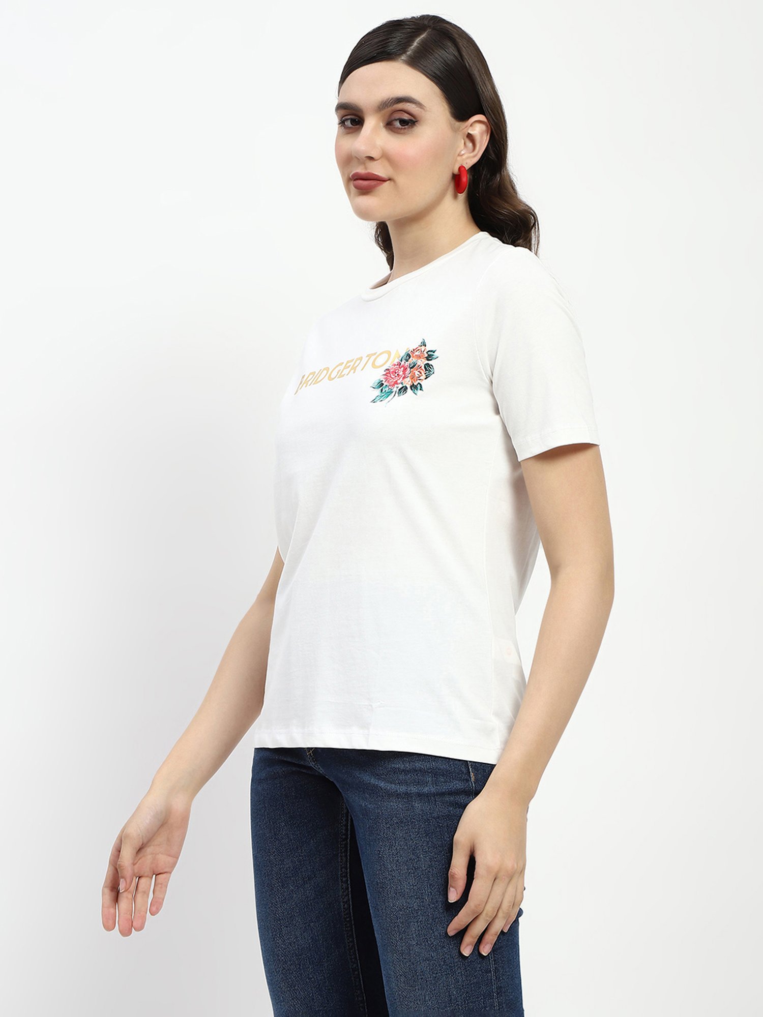 MADAME White Cotton Graphic Print T-Shirt