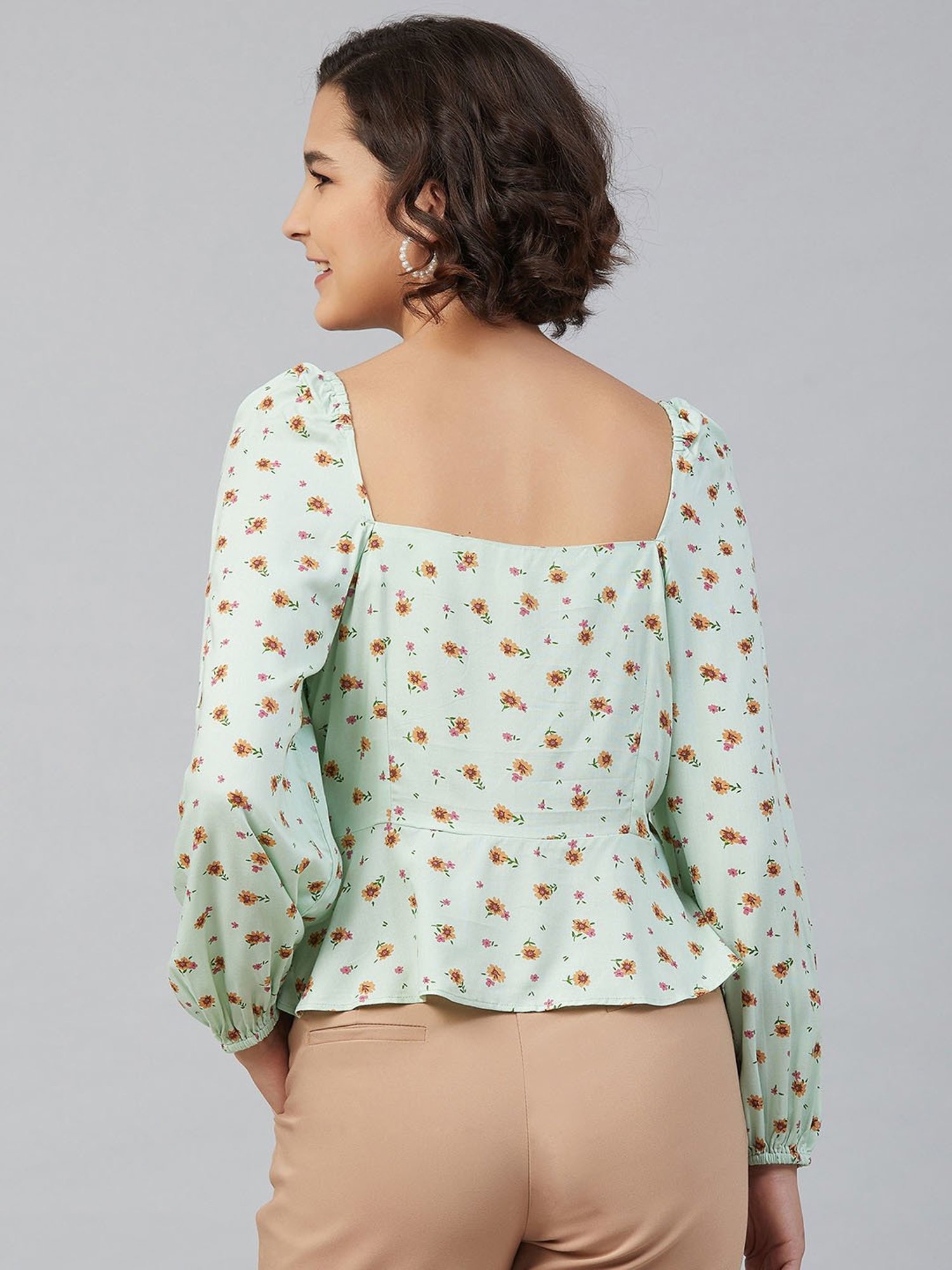 Marie Claire Light Green Floral Print Peplum Top