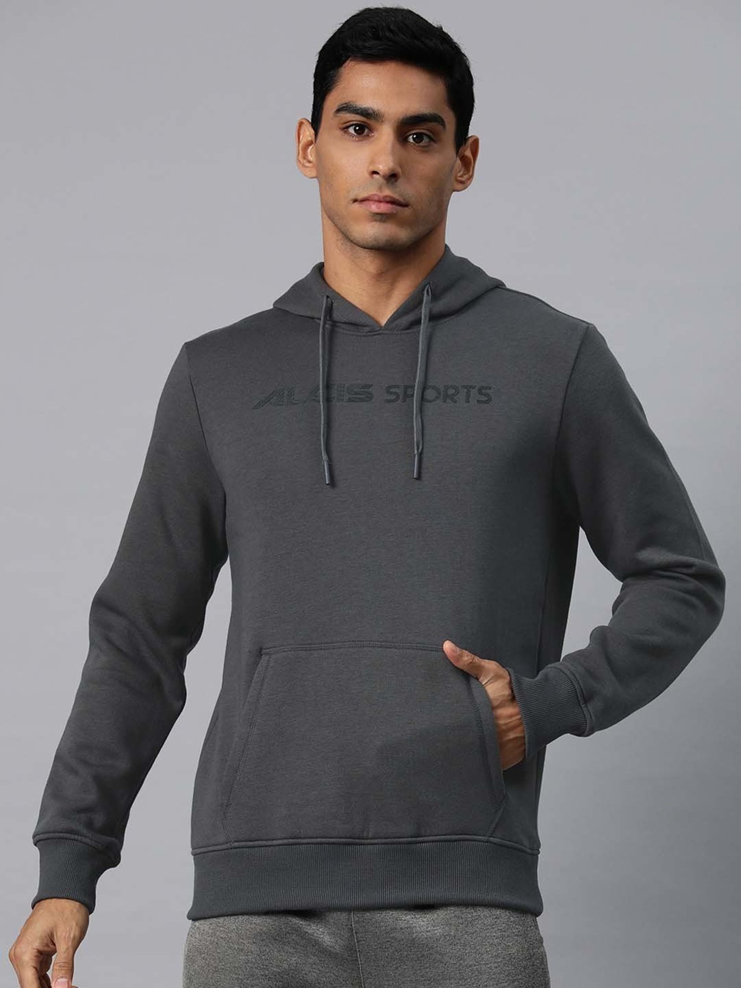 ALCIS Dark Grey Regular Fit Printed Hooded Sweatshirt