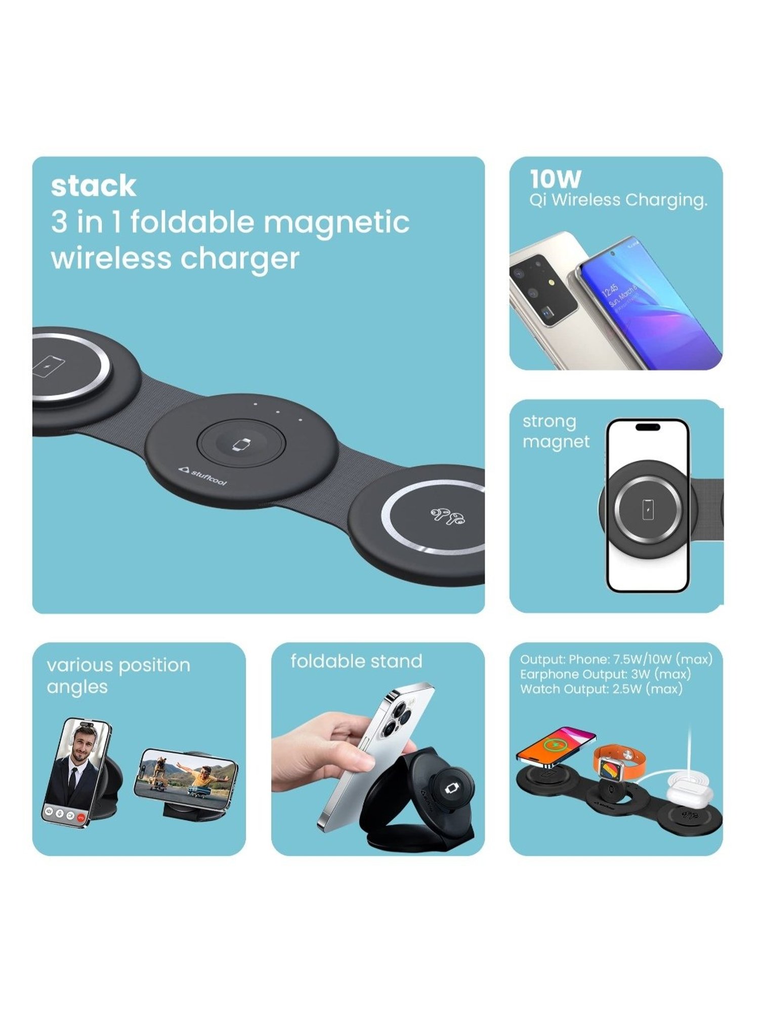 Stuffcool Stack 3 in 1 Foldable Magnetic Wireless Charging Station with 18W (Black)