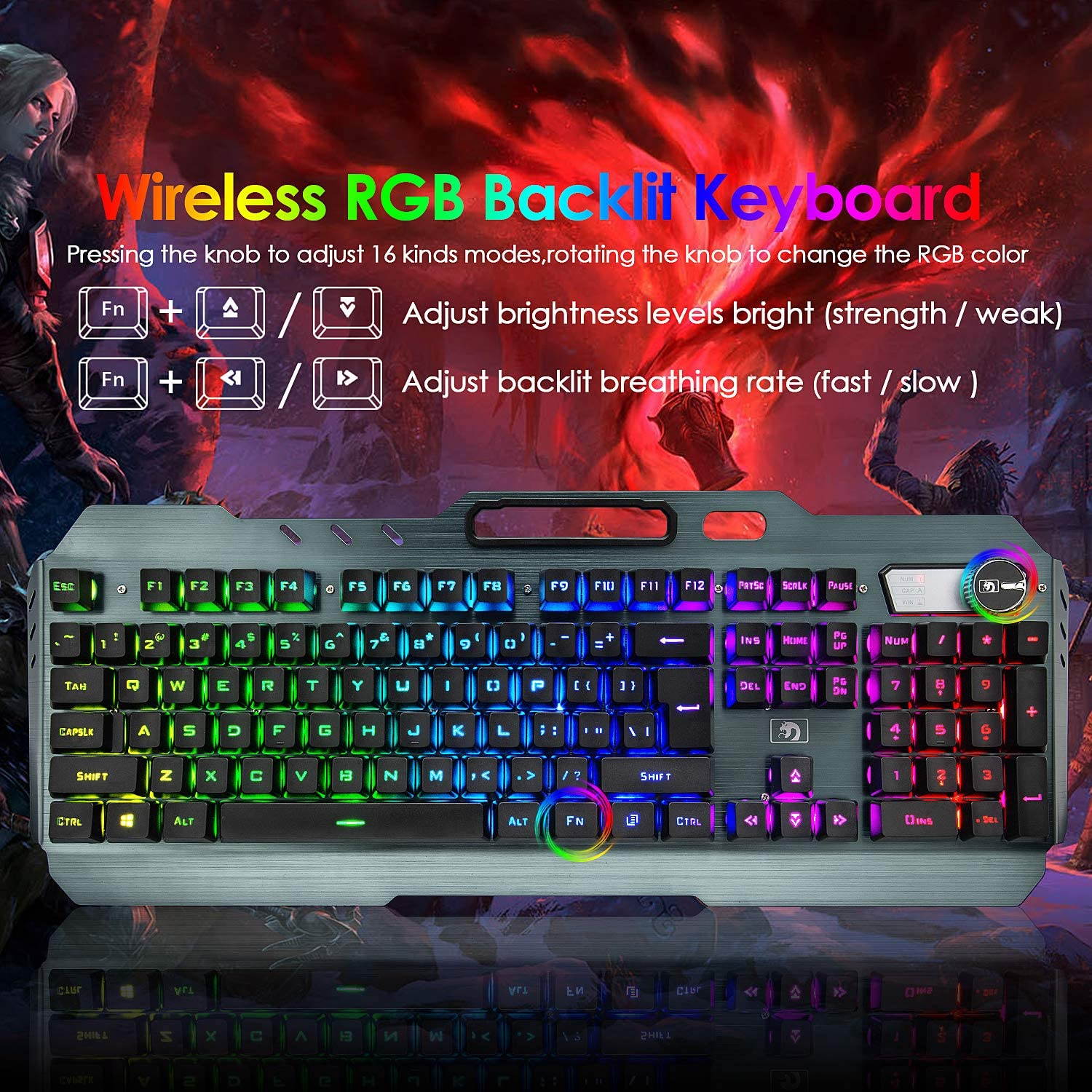 Wireless Gaming Keyboard and Mouse,Rechargeable16 Kinds RGB LED Backlit  Keyboard Mouse with 4800mAh Battery Metal Panel,Mechanical Feel and Gaming Mute Mouse for Computer Gamers