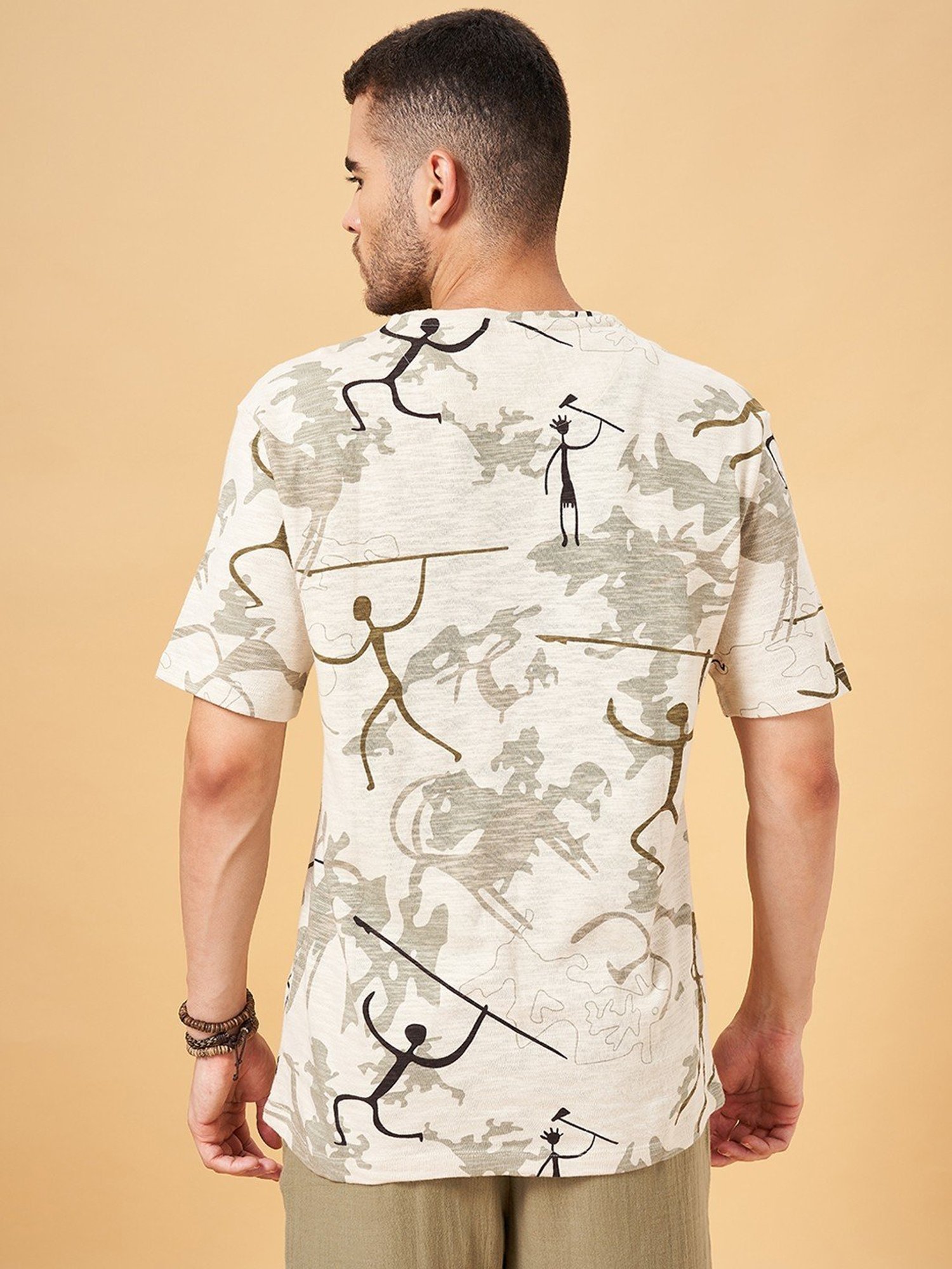 7 Alt by Pantaloons Beige Cotton Relaxed Fit Printed T-Shirt