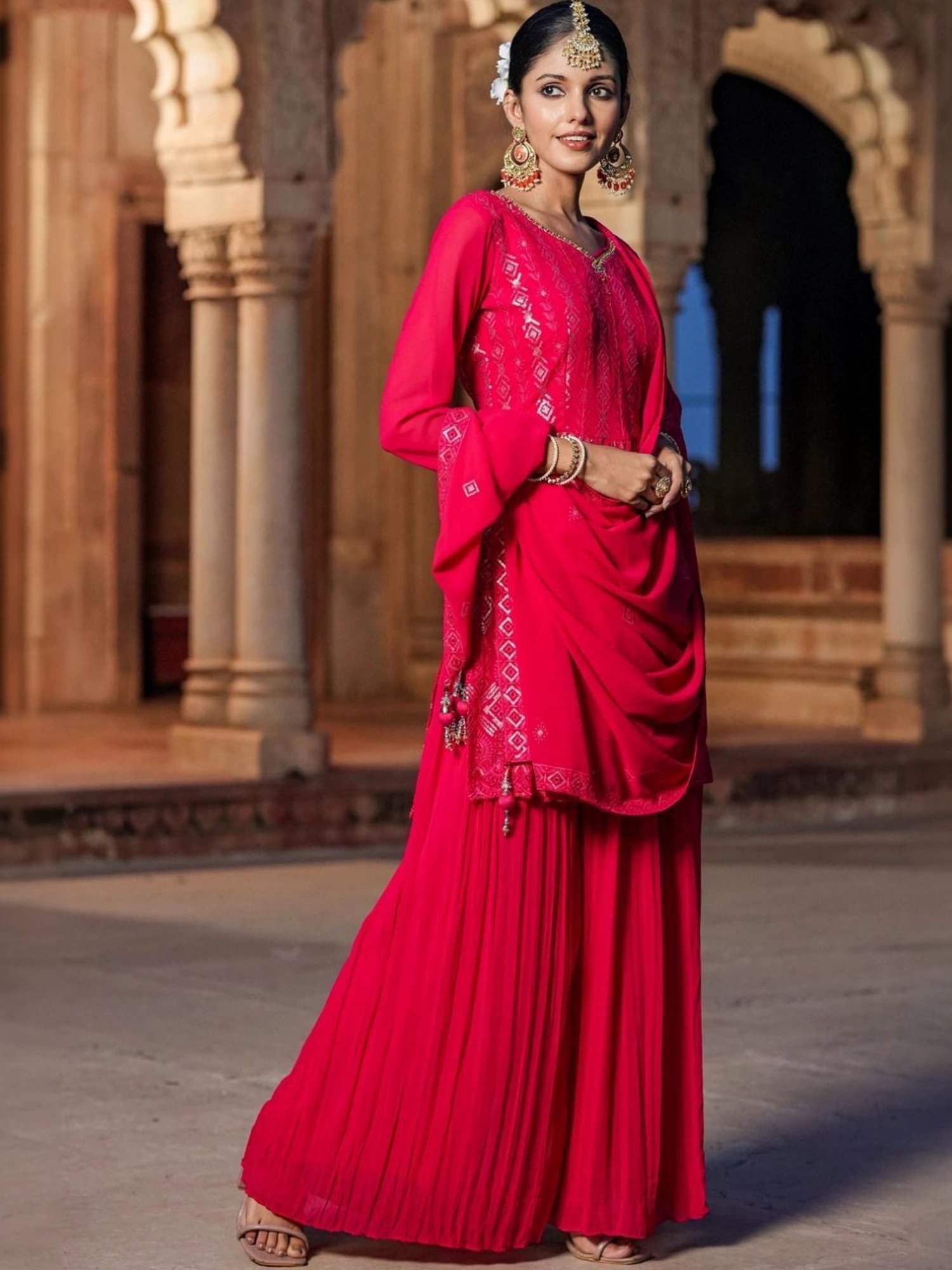 Scakhi Red Georgette Sequin Embroidered Suit Set Tunic With Palazzo And Dupatta
