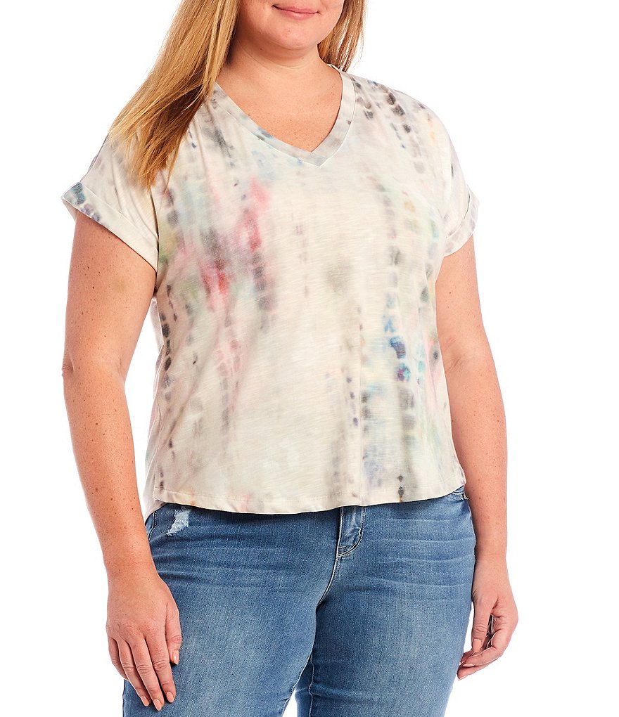 Democracy Plus Size Tie Dye Knit V-Neck Cuffed Short Sleeve Extended Ruched Shoulder Surplus Top
