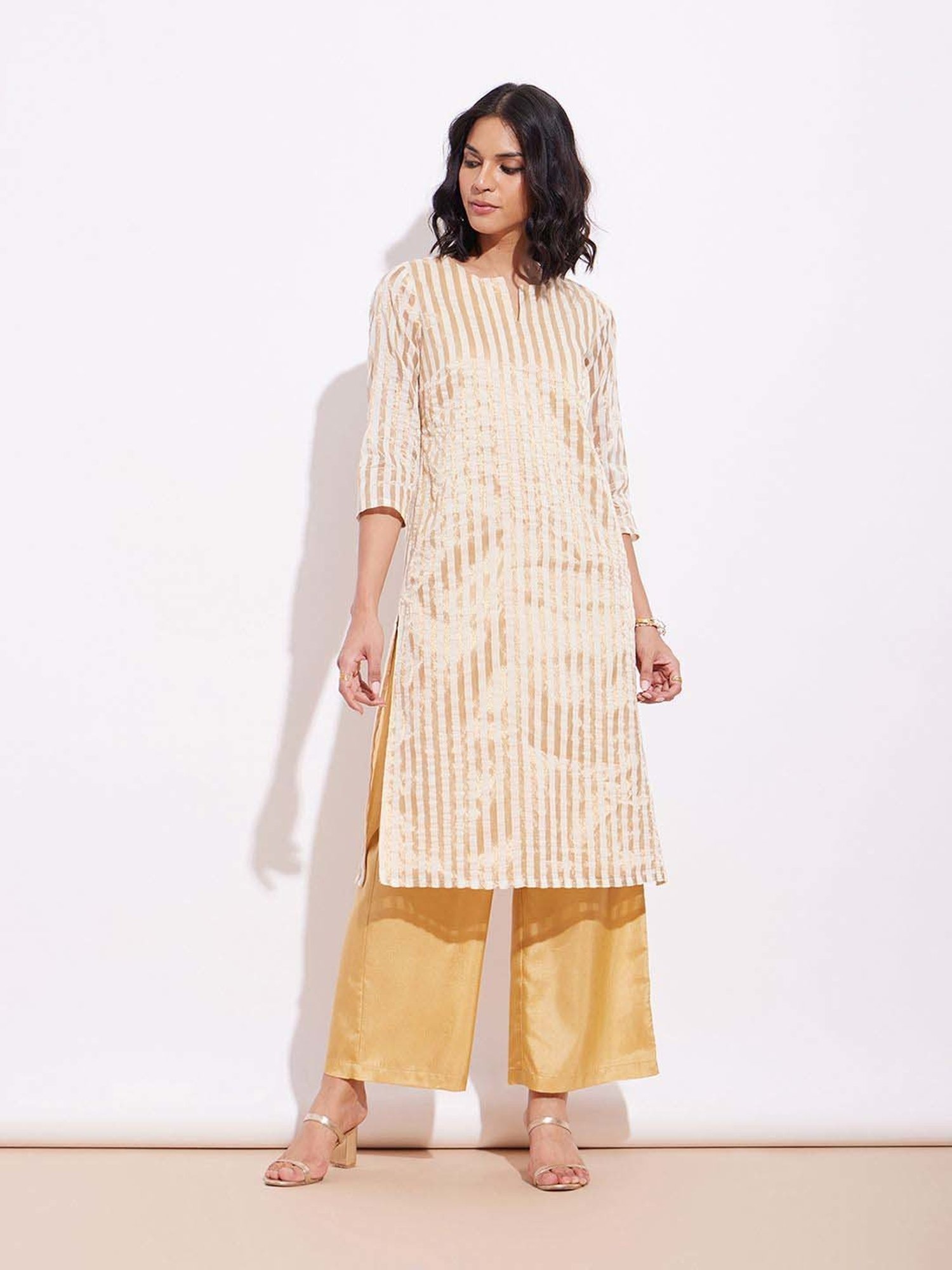 Pink Fort Beige Striped Kurta Palazzo Set