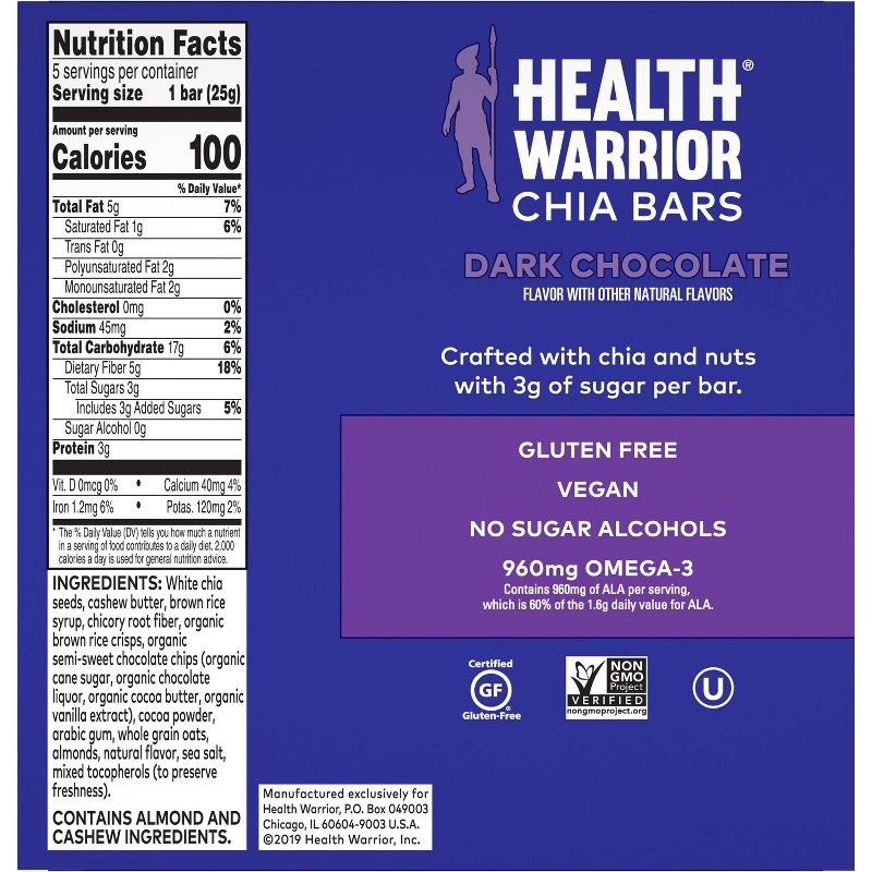 Health Warrior Dark Chocolate Chia Bars - 5ct