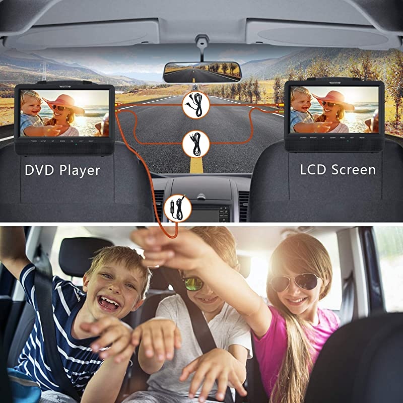 10.5'' Car Dual DVD Player Portable Kids Headrest CD Players, Two Mounting Brackets Built-in 5 Hours Rechargeable Battery Great for Family Travel (1 Player+1 Monitor)