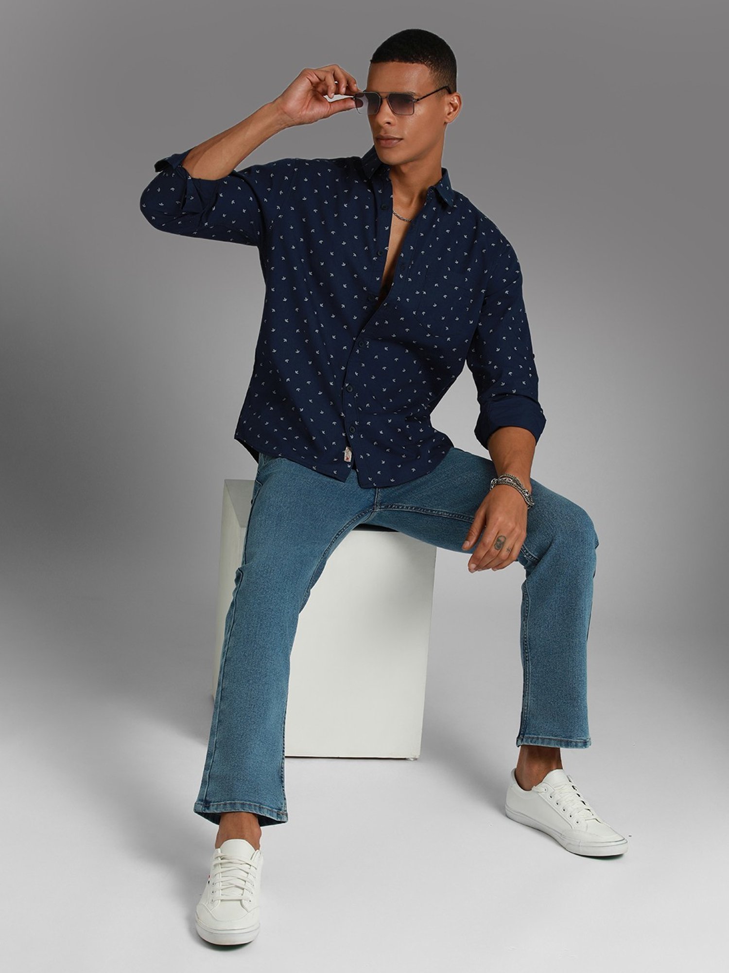 High Star Blue Cotton Regular Fit Printed Shirt