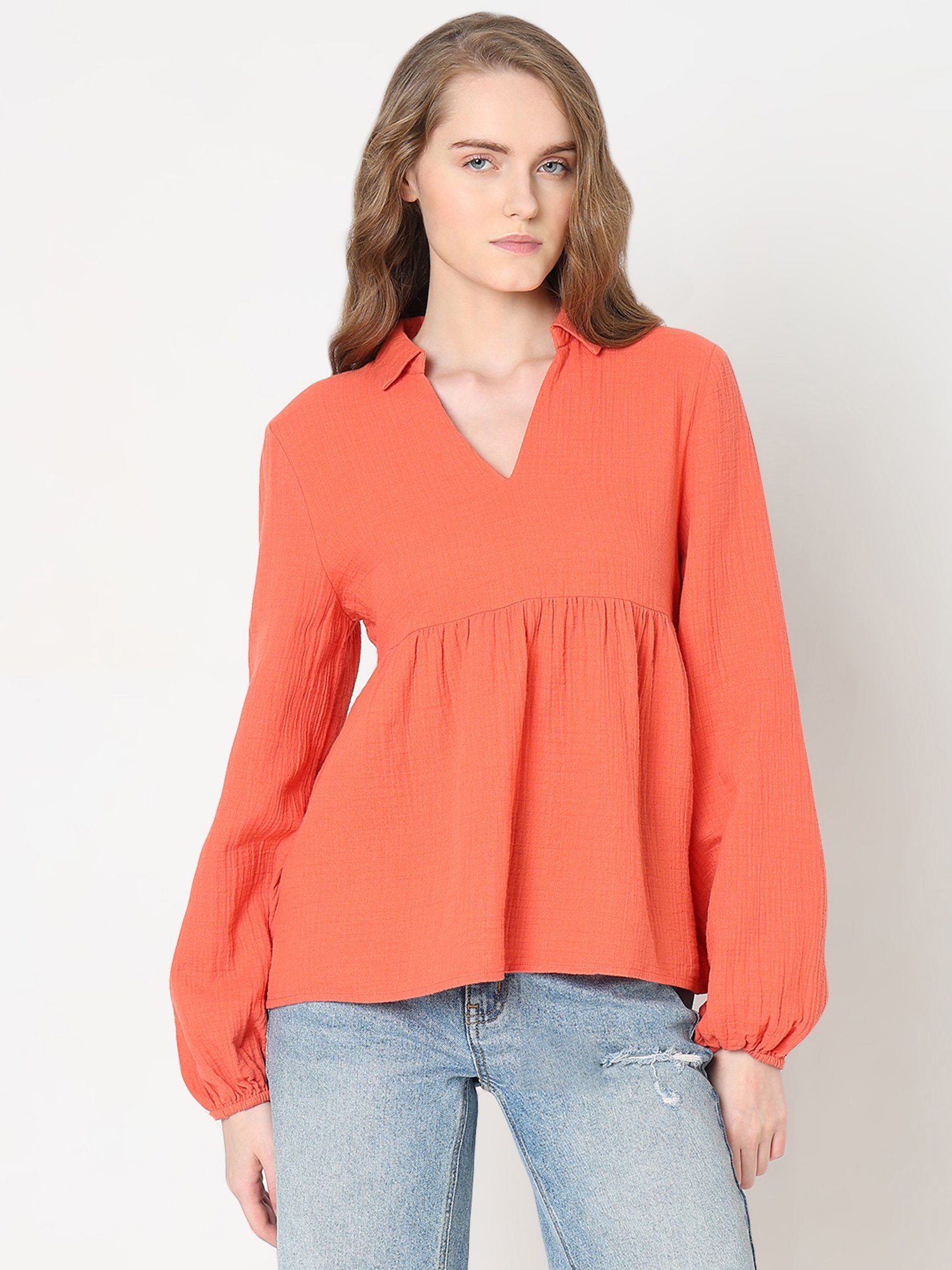 Vero Moda Orange Cotton Regular Fit Top