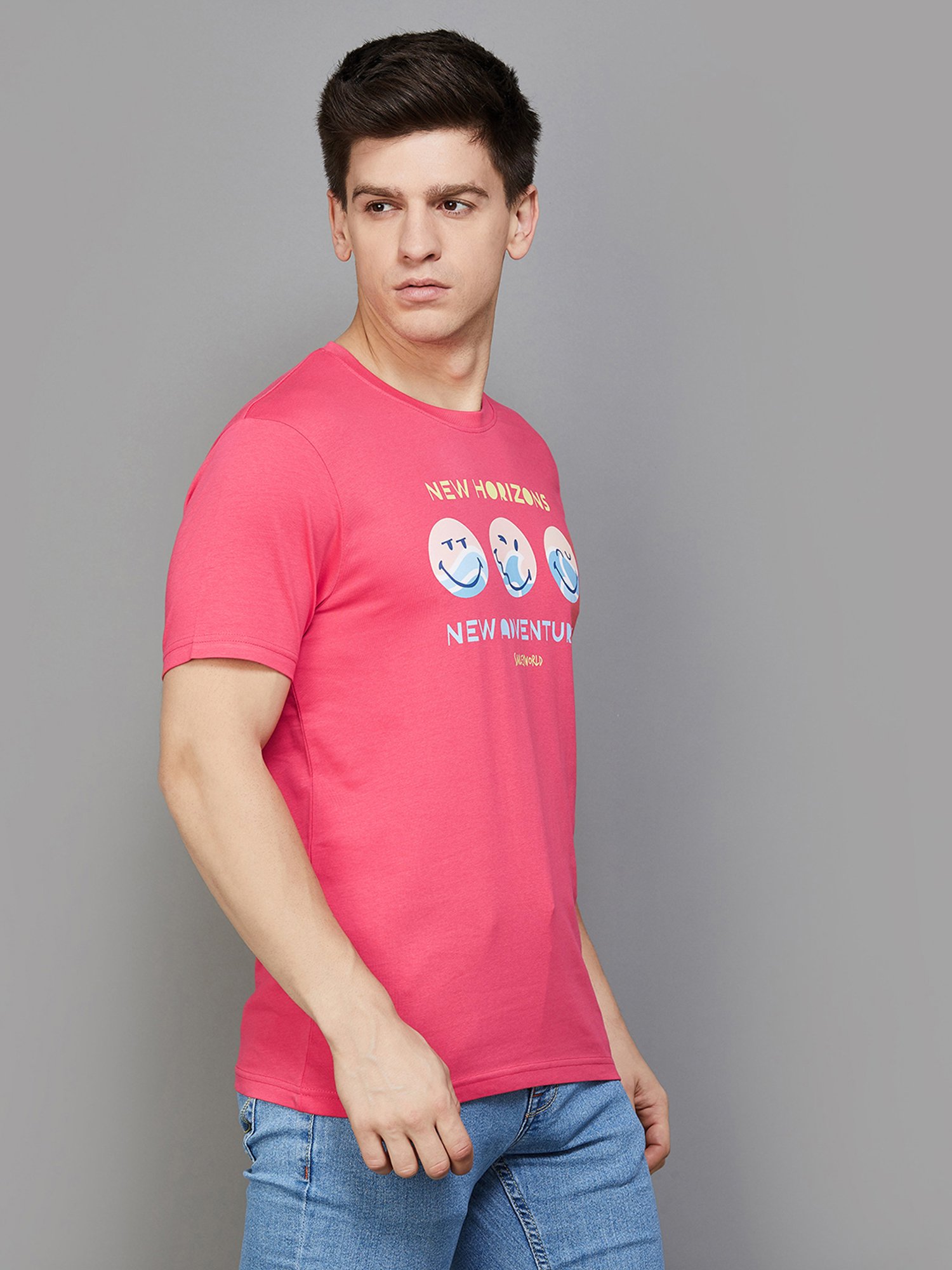 SmileyWorld Pink Regular Fit Printed Crew T-Shirt