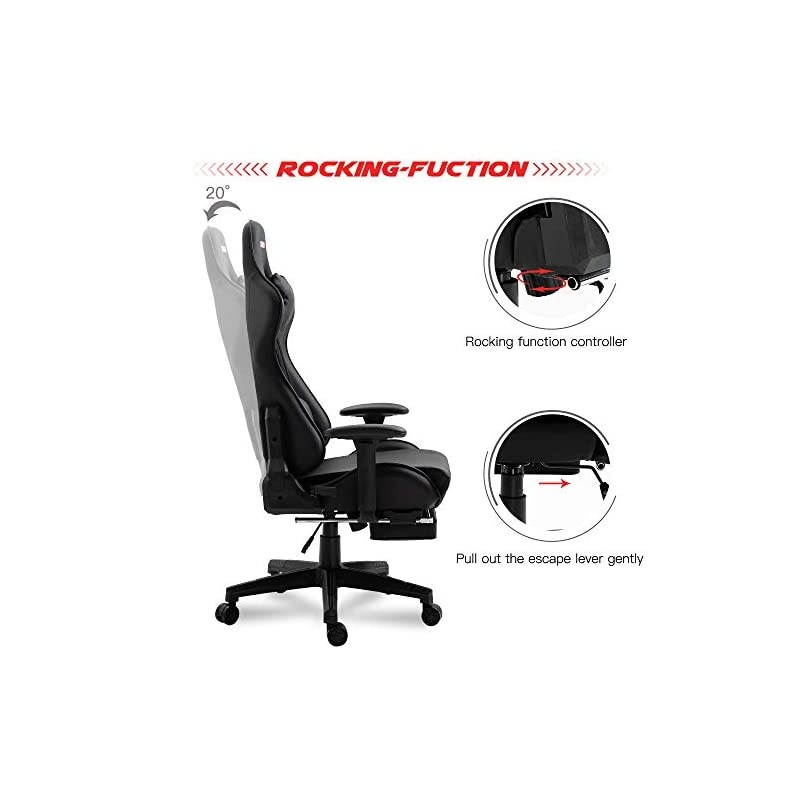Adjustable Gaming Chair - Upgrade Office Mute Gaming Chair PC with Footrest and Lumbar Pillow Support Massage Comfortable High-Back PU Leather Computer Seat for Adults (Black)