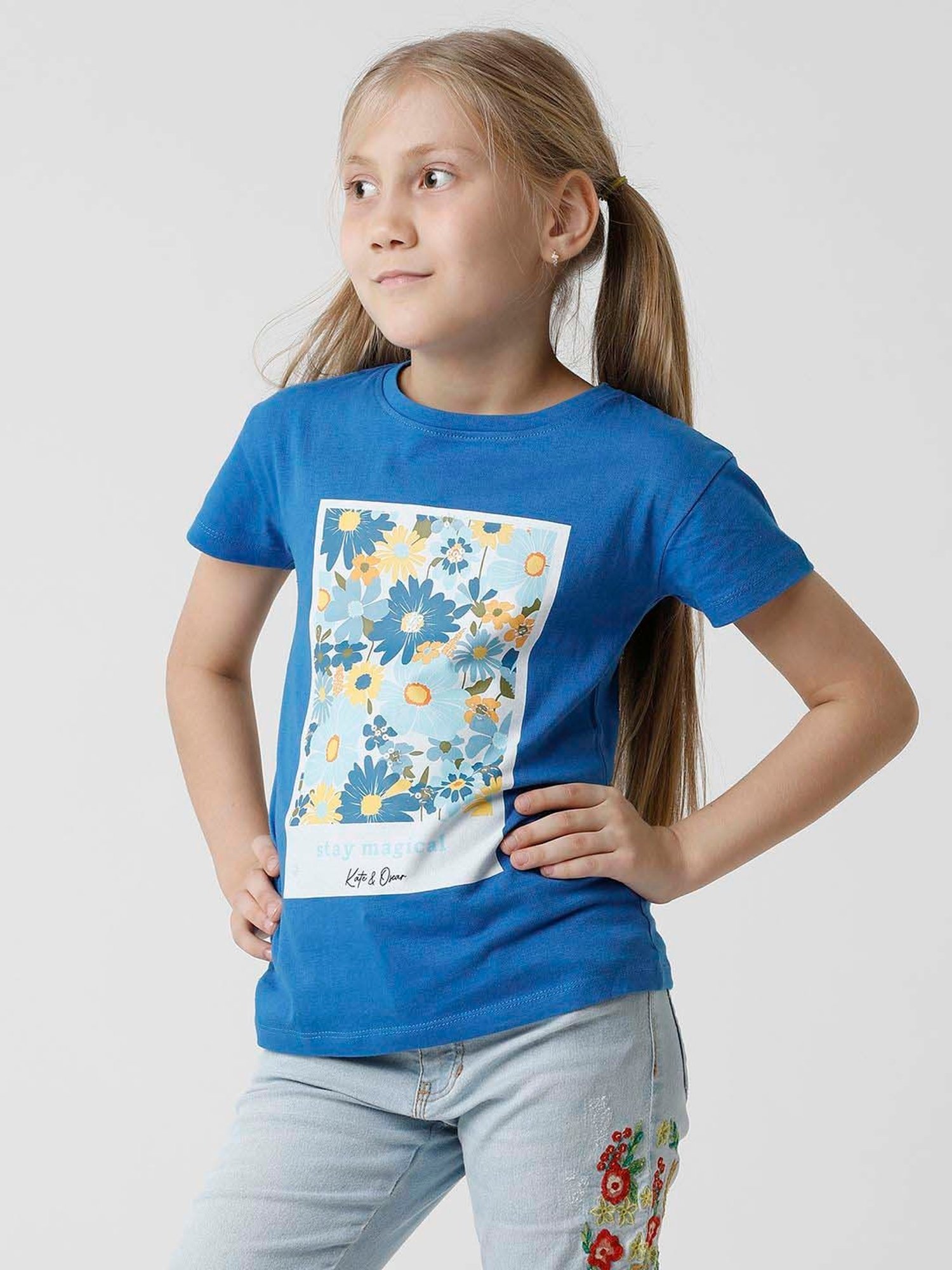 Kate & Oscar Kids Blue Cotton Floral Print T-Shirt