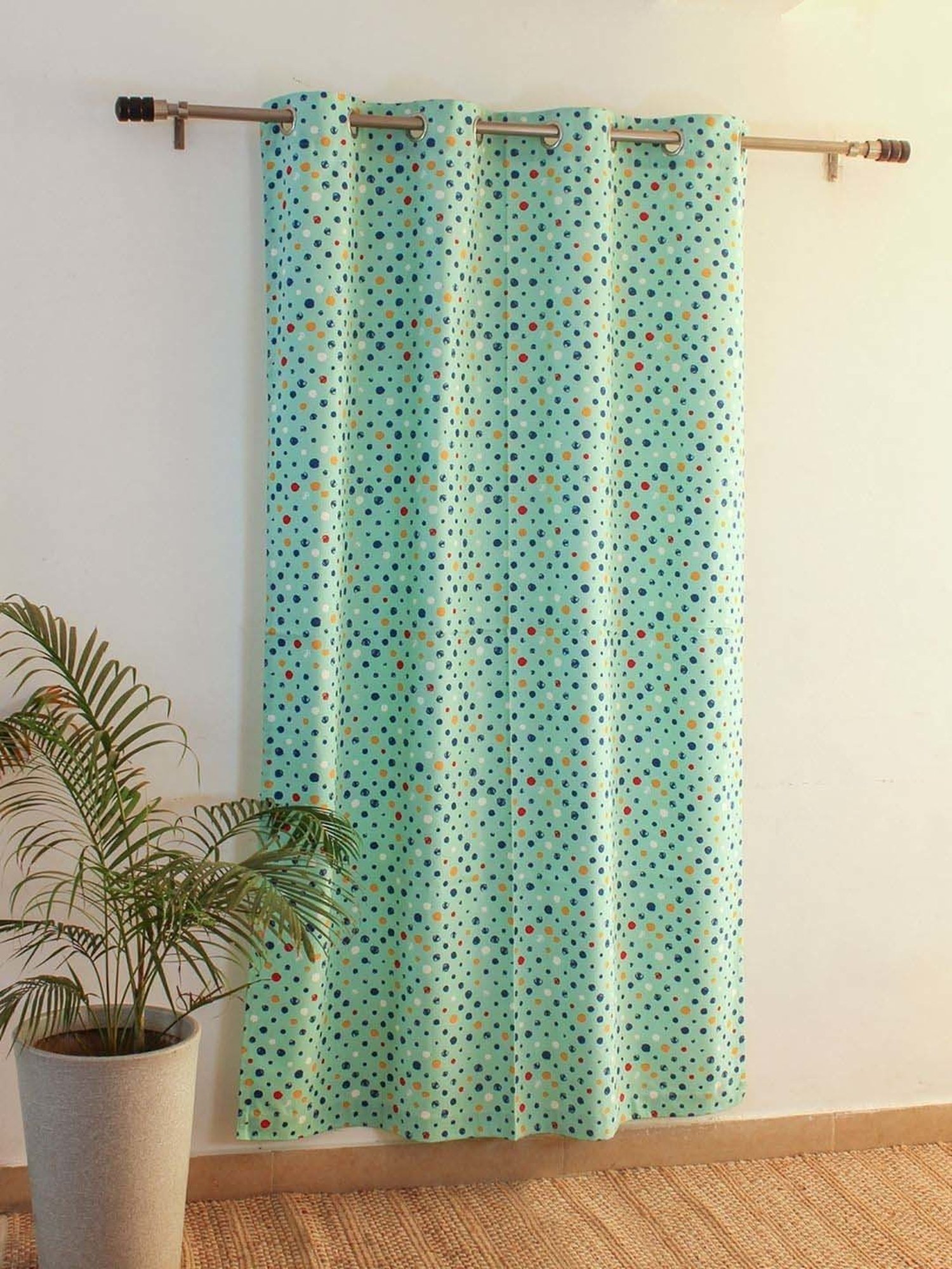 Swayam Cream & Blue Printed Faux Silk Door Curtains - Set of 2