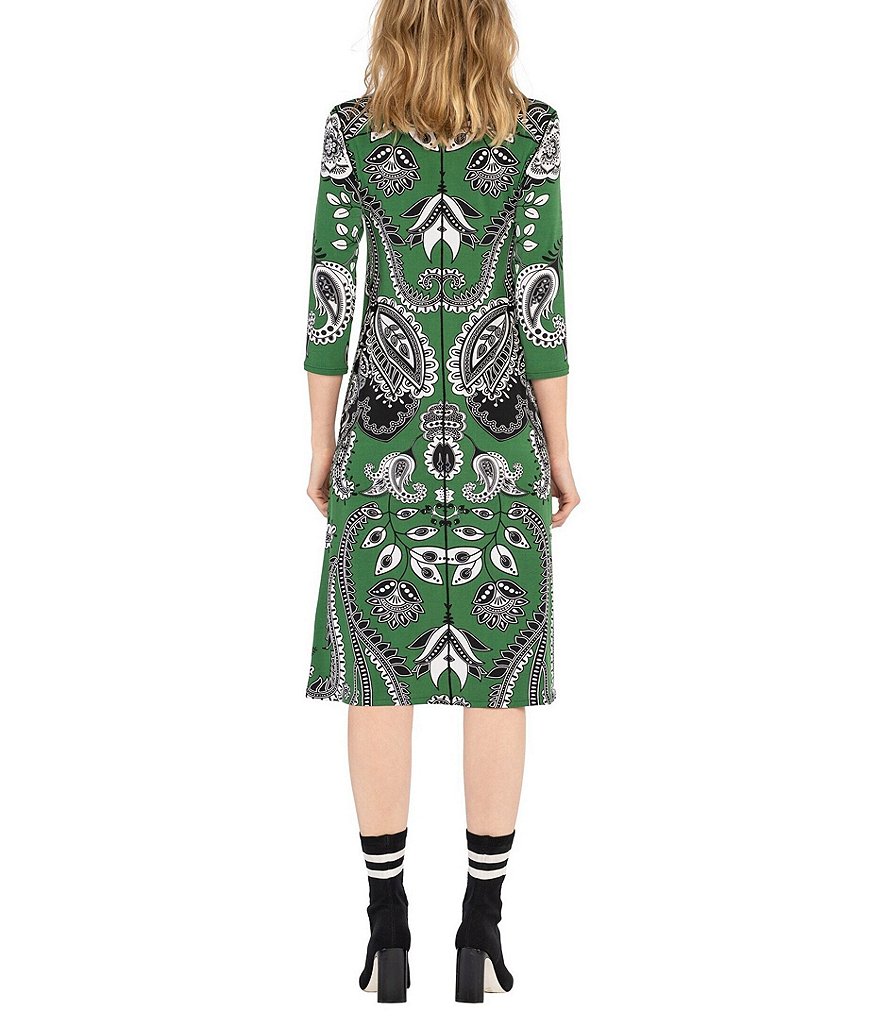 Eva Varro Bandana Print V-Neck 3/4 Sleeve Jersey Knit A-Line Dress