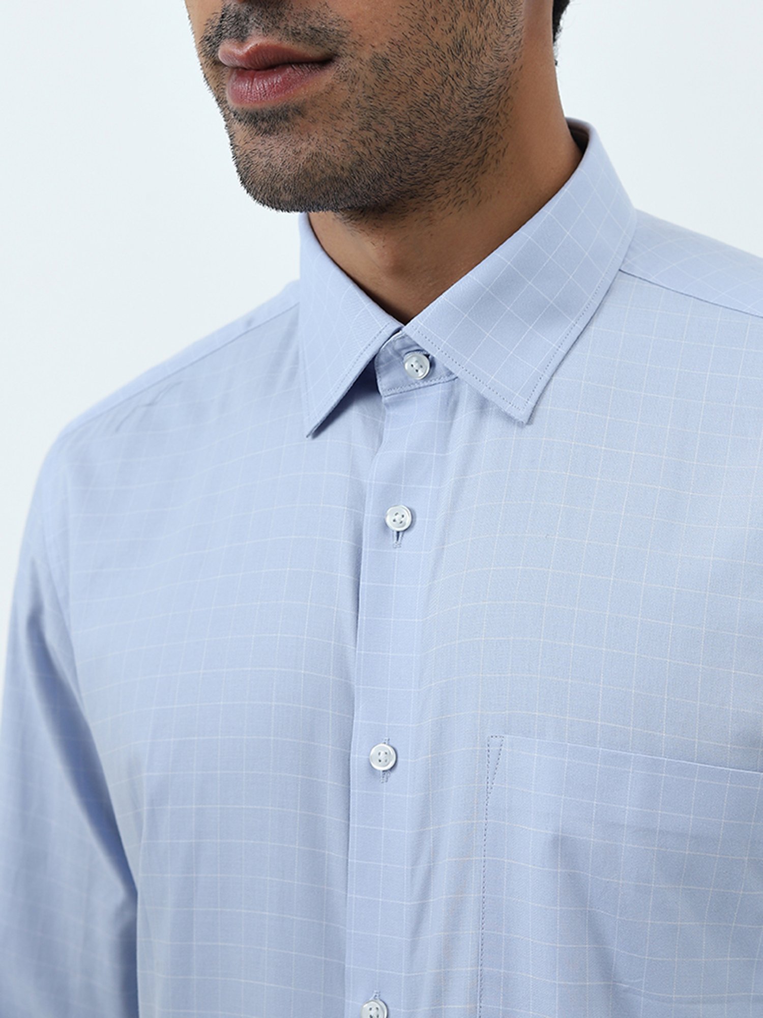 WES Formals by Westside Blue Checkered Slim-Fit Cotton Shirt