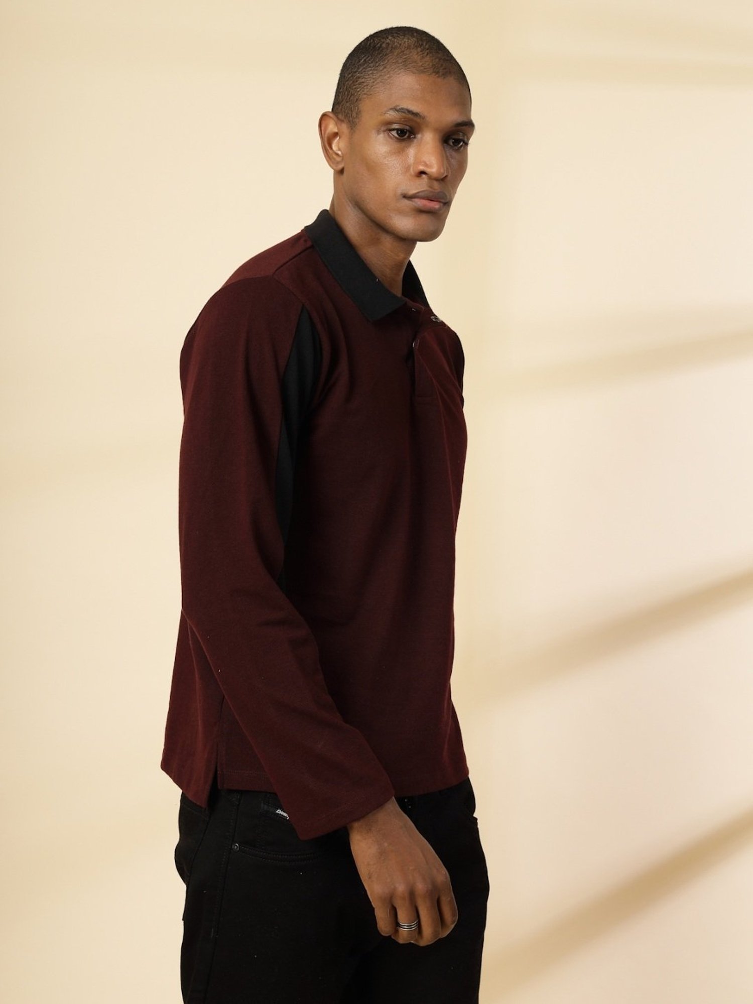 Rigo Wine Cotton Slim Fit Texture Polo T-Shirt