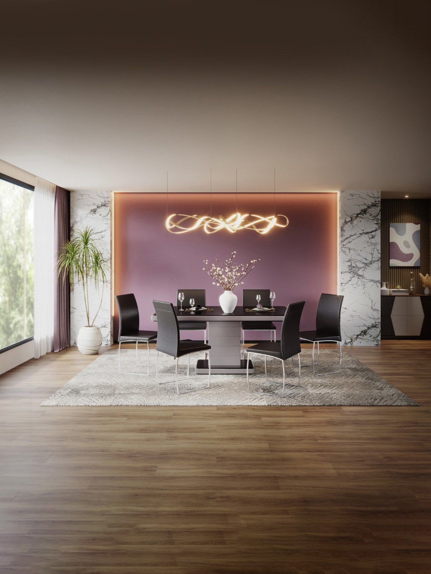 Godrej Interio Neo Apple Grey Tempered Glass 6 Seater Rectangular Dining Table Set