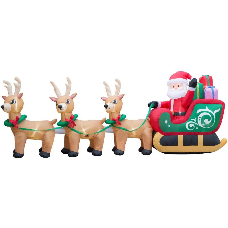 Holidayana 12 Foot Long Giant Inflatable Santa Claus w/ Reindeer Sleigh Holiday Yard Decoration w/ Blower Fan, Tie Down Straps, & Ground Anchor Stakes