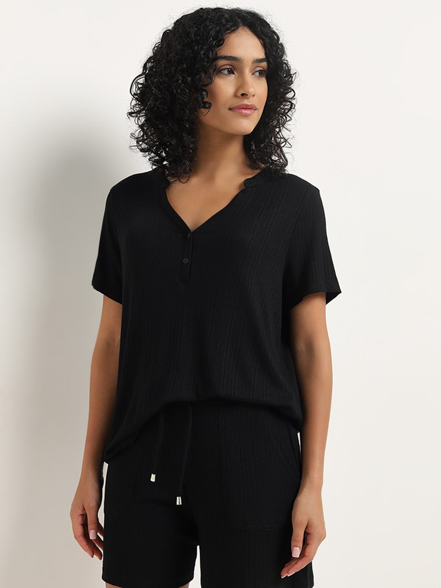 Wunderlove by Westside Black Ribbed Textured Henley Top
