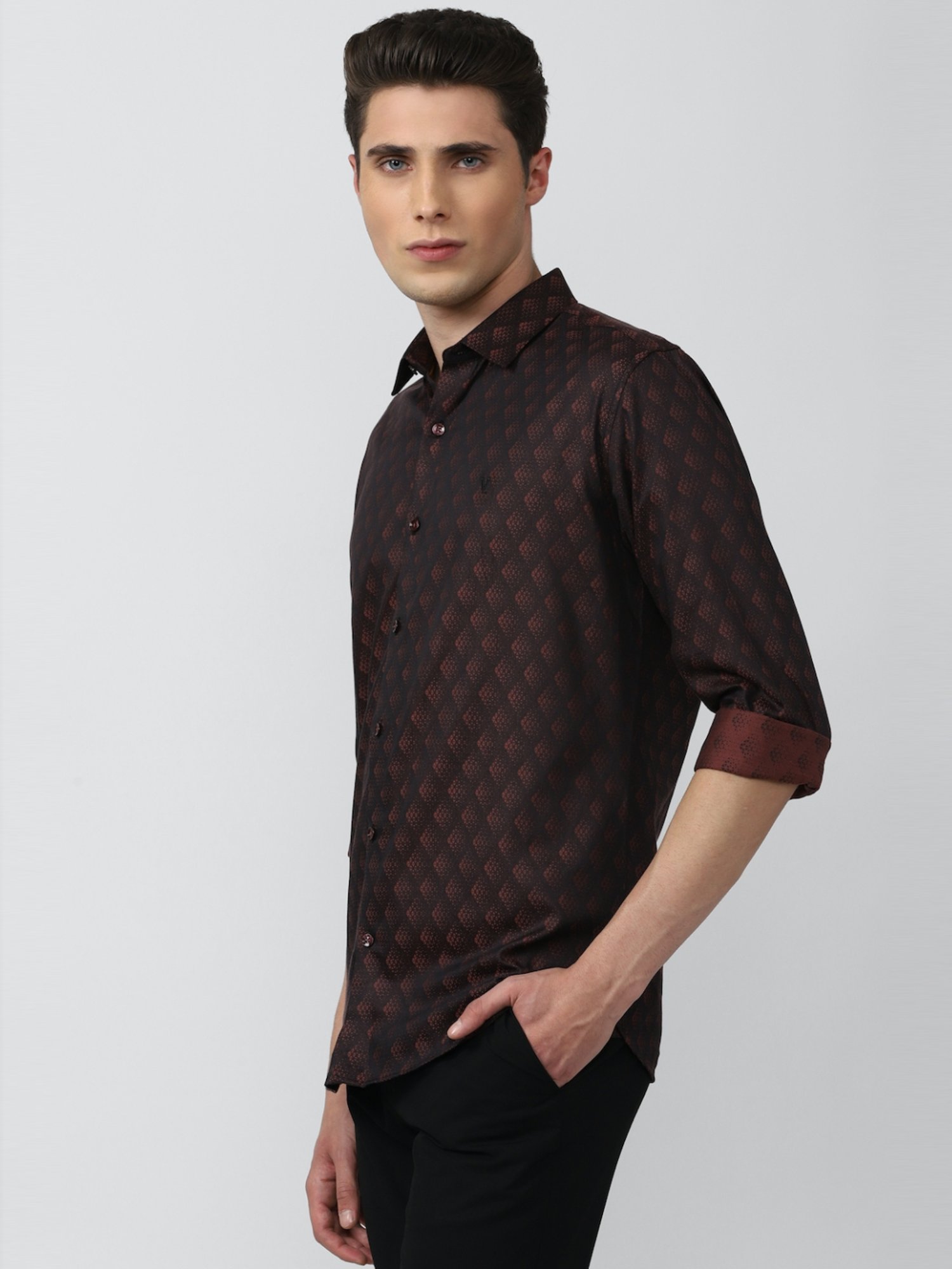 V Dot Brown Cotton Slim Fit Printed Shirt