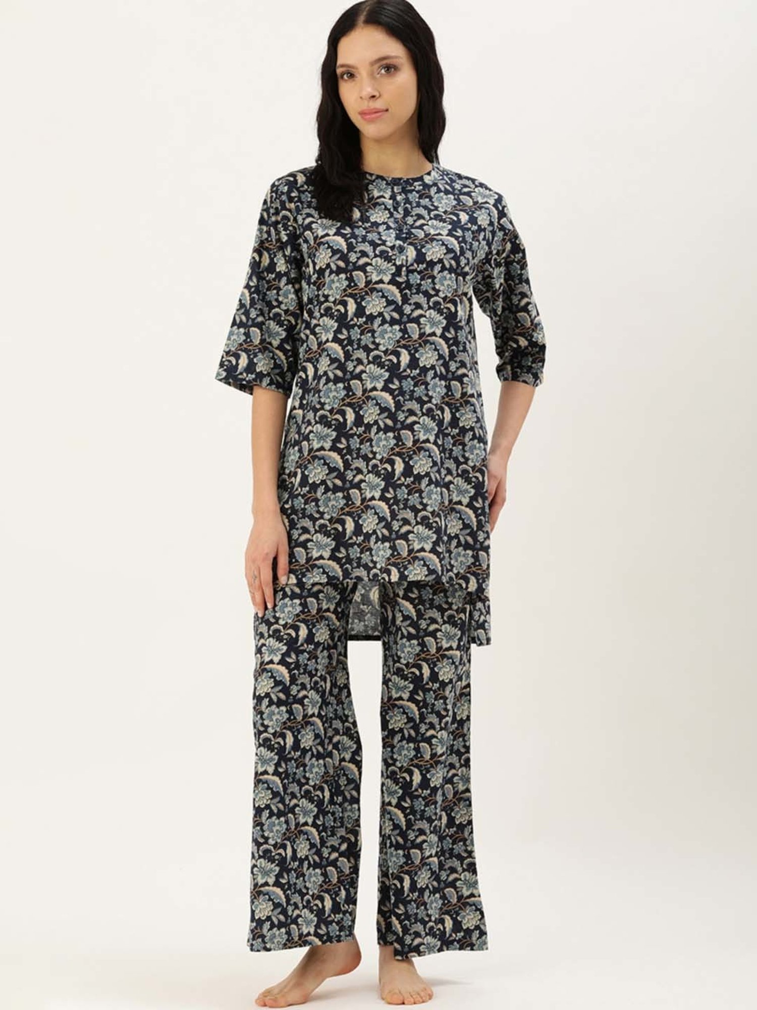 Clt.s Blue Cotton Floral Print Kurti Palazzo Set